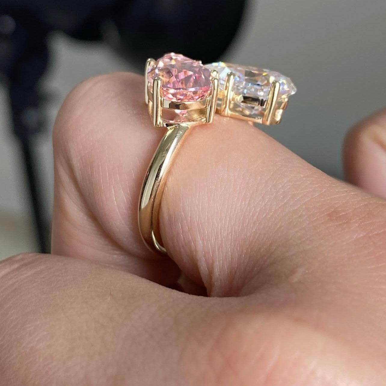 10K Yellow Gold Two Stone Design Pear Cut White Mix Pink Moissanite Diamond Women Ring Jewelry