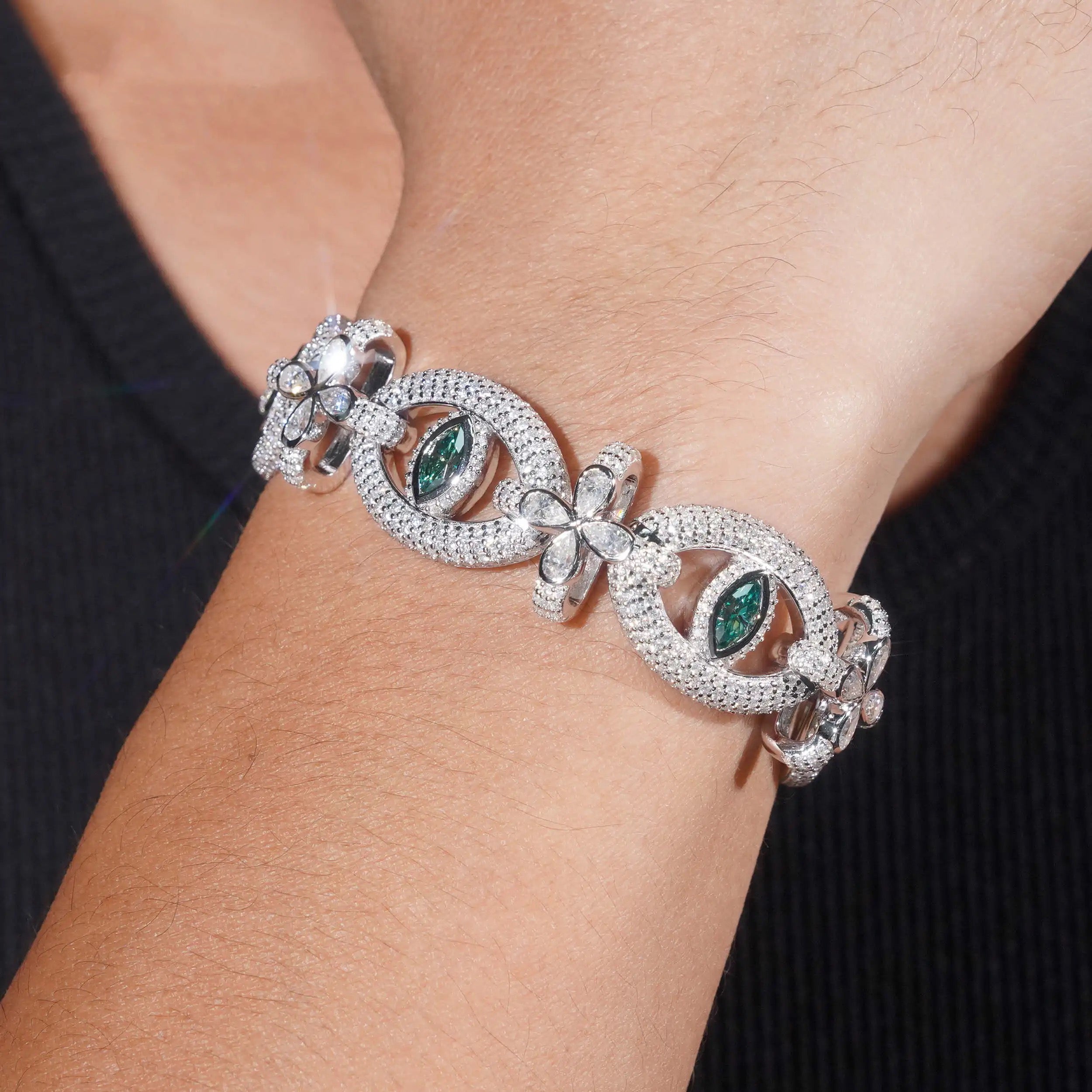 Men Solid Silver Moissanite Diamond Hip Hop Link Bracelet