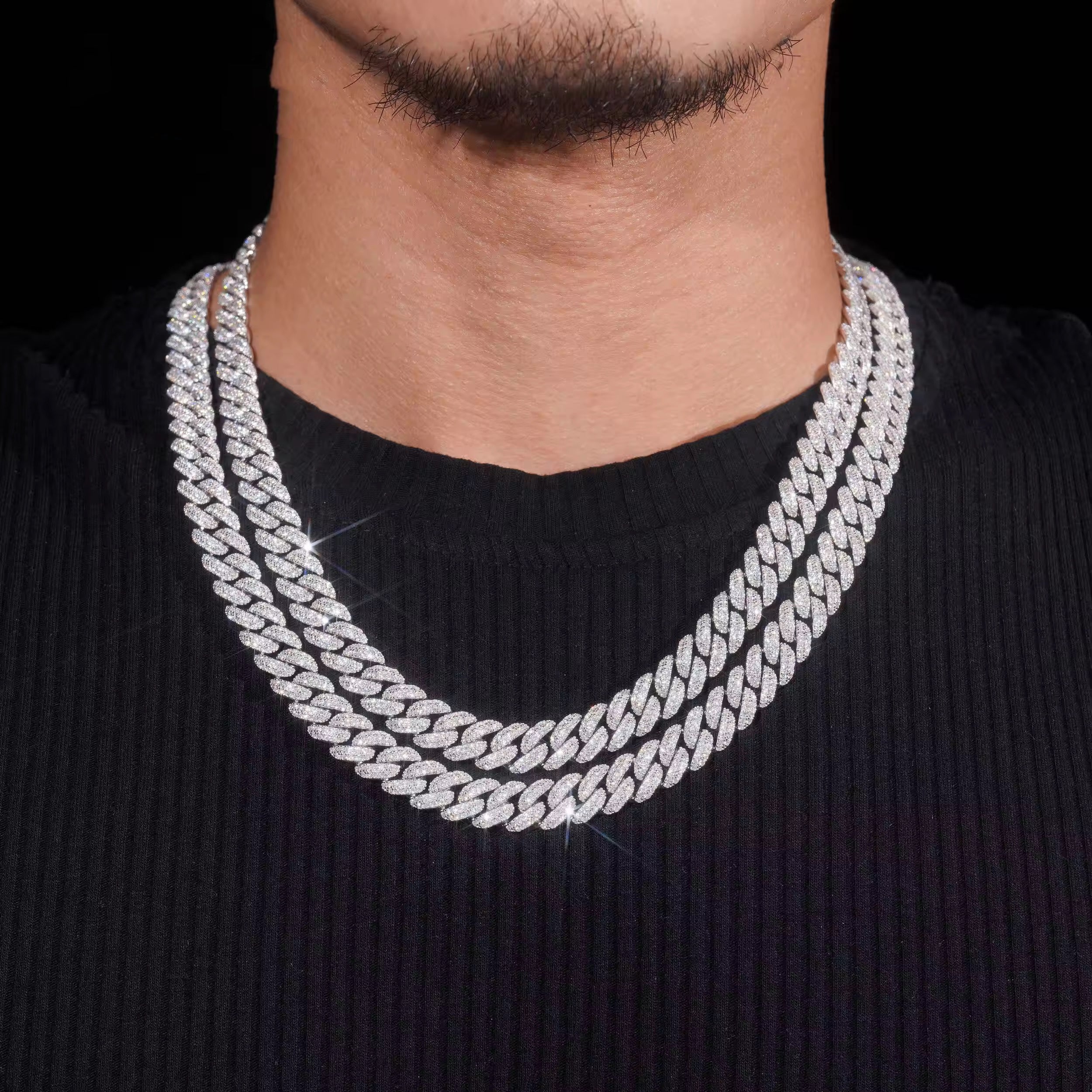 Round Link Two Rows 10MM Miami link Moissanite Cuban Nekclace Chain Sterling Silver 925