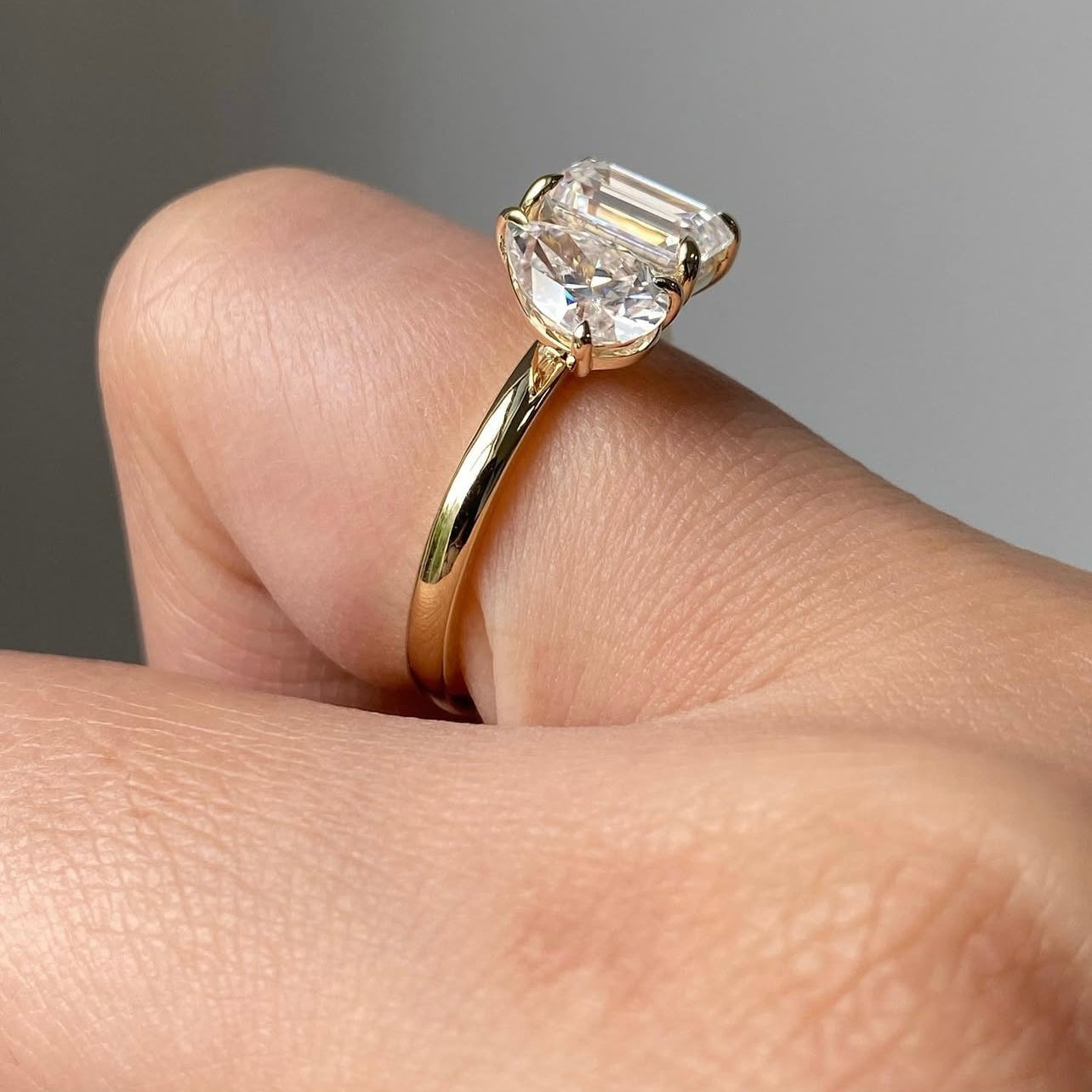 14K Yellow Gold Pear Cut Mix Emerald Cut Two Stone Design Moissanite Ring