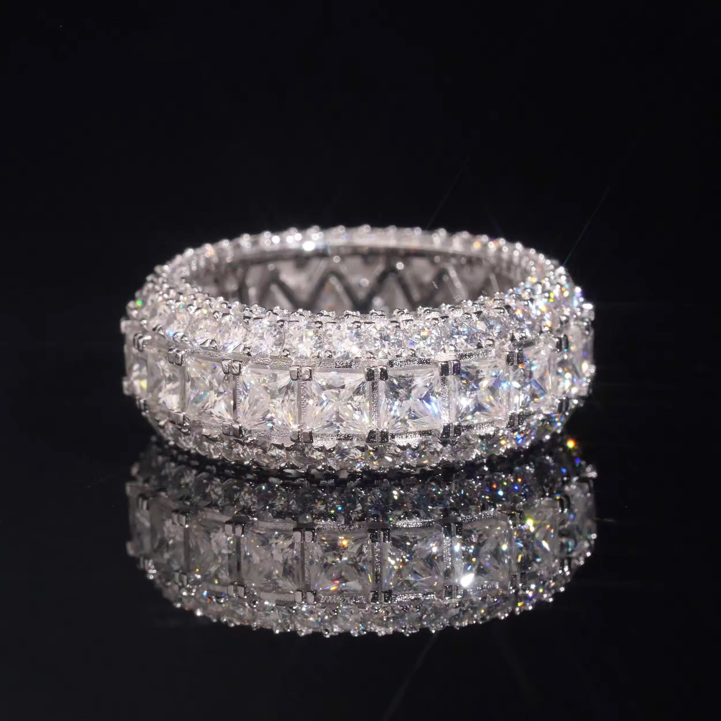 Princess Cut Eternity Ring Band Solid Silver Moissanite