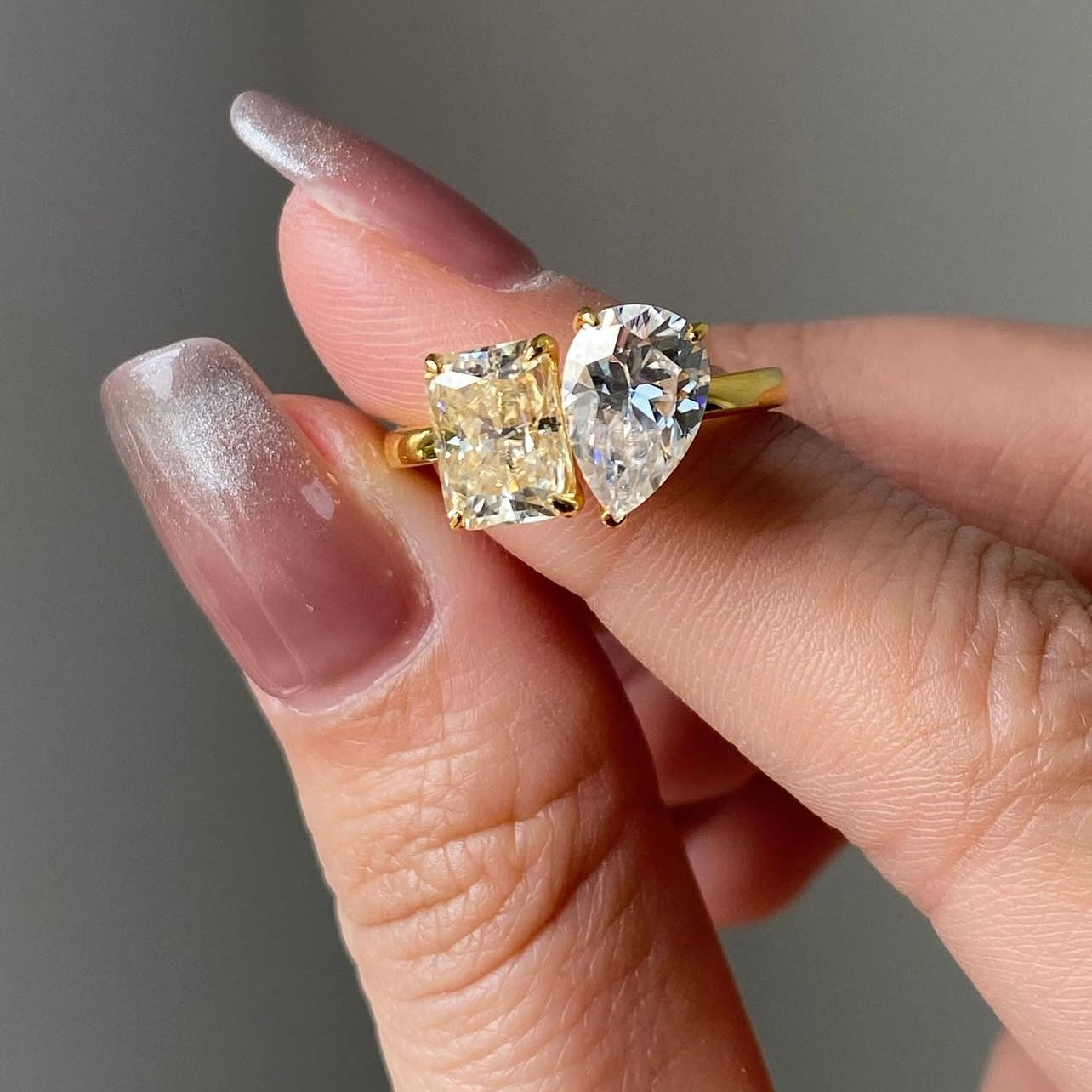 10K Yellow Gold Women Two Stone Design White Mix Yellow Moissanite Ring