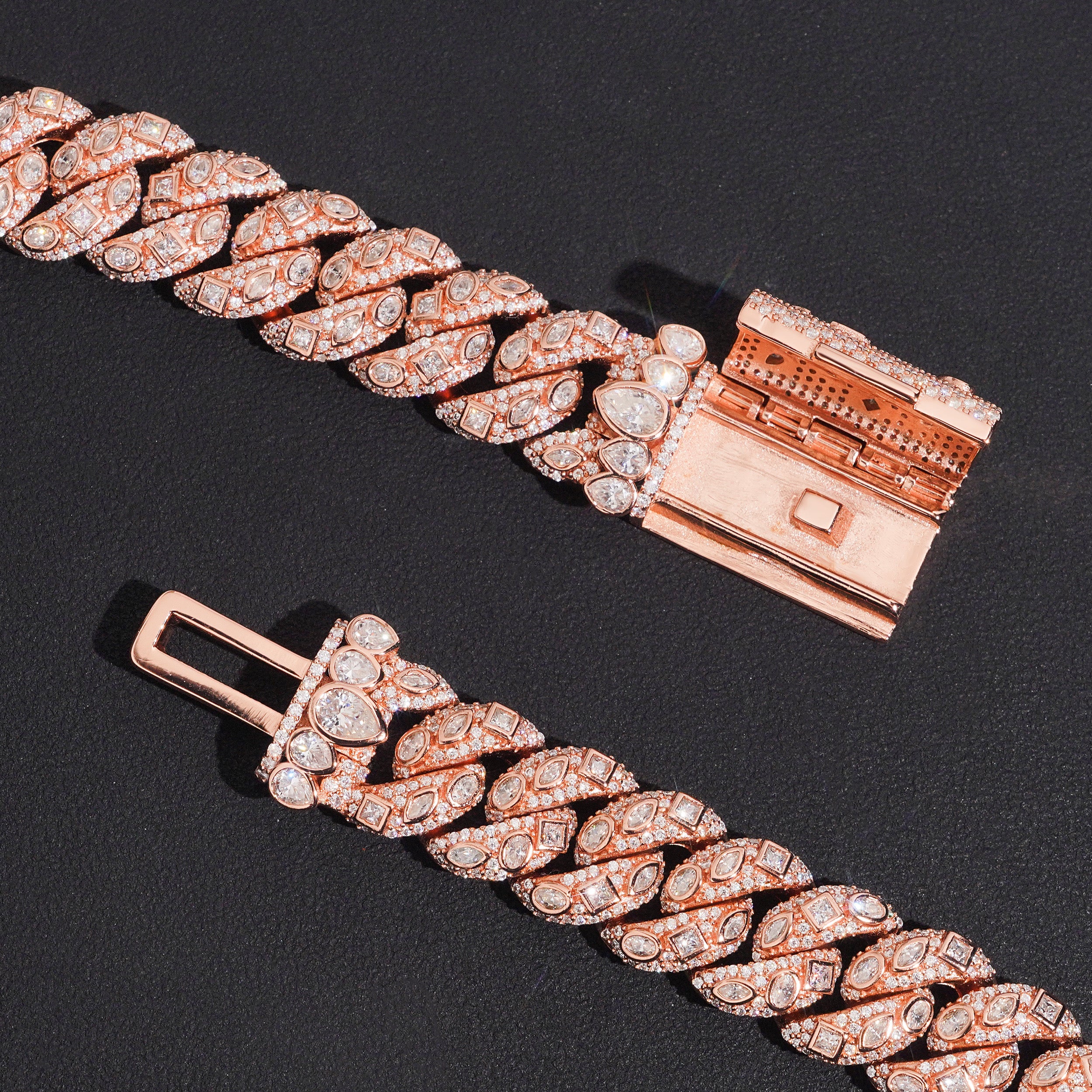 15MM Fancy Cut VVS Moissanite Diamond Cuban Link Chain Necklace Rose Gold