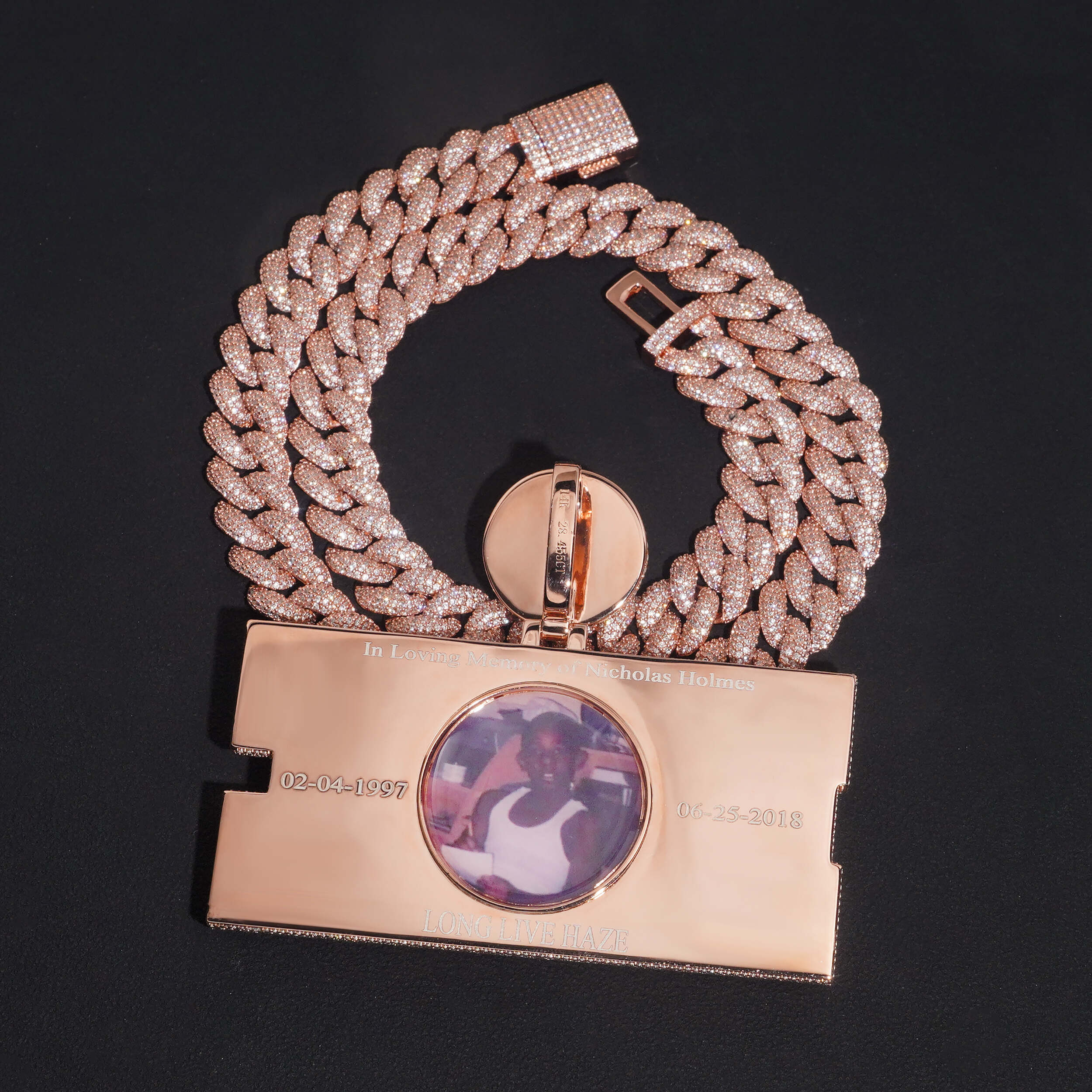 3Inch Width Round Mix Baguette Cut Name Pendant With Photo On Back