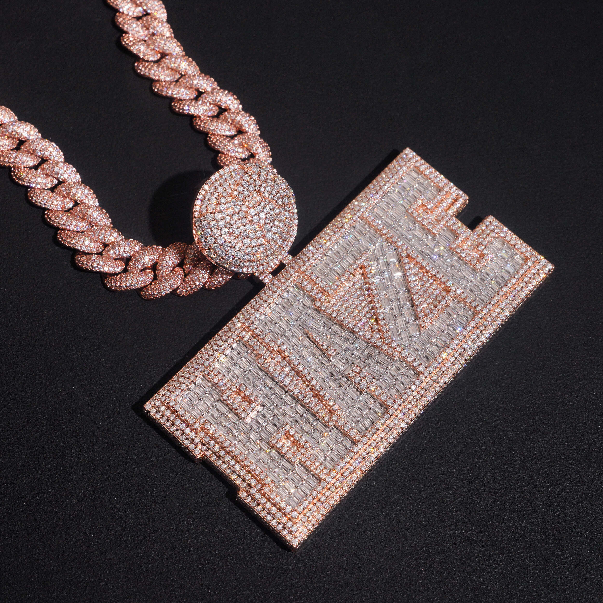 3Inch Width Round Mix Baguette Cut Name Pendant With Photo On Back