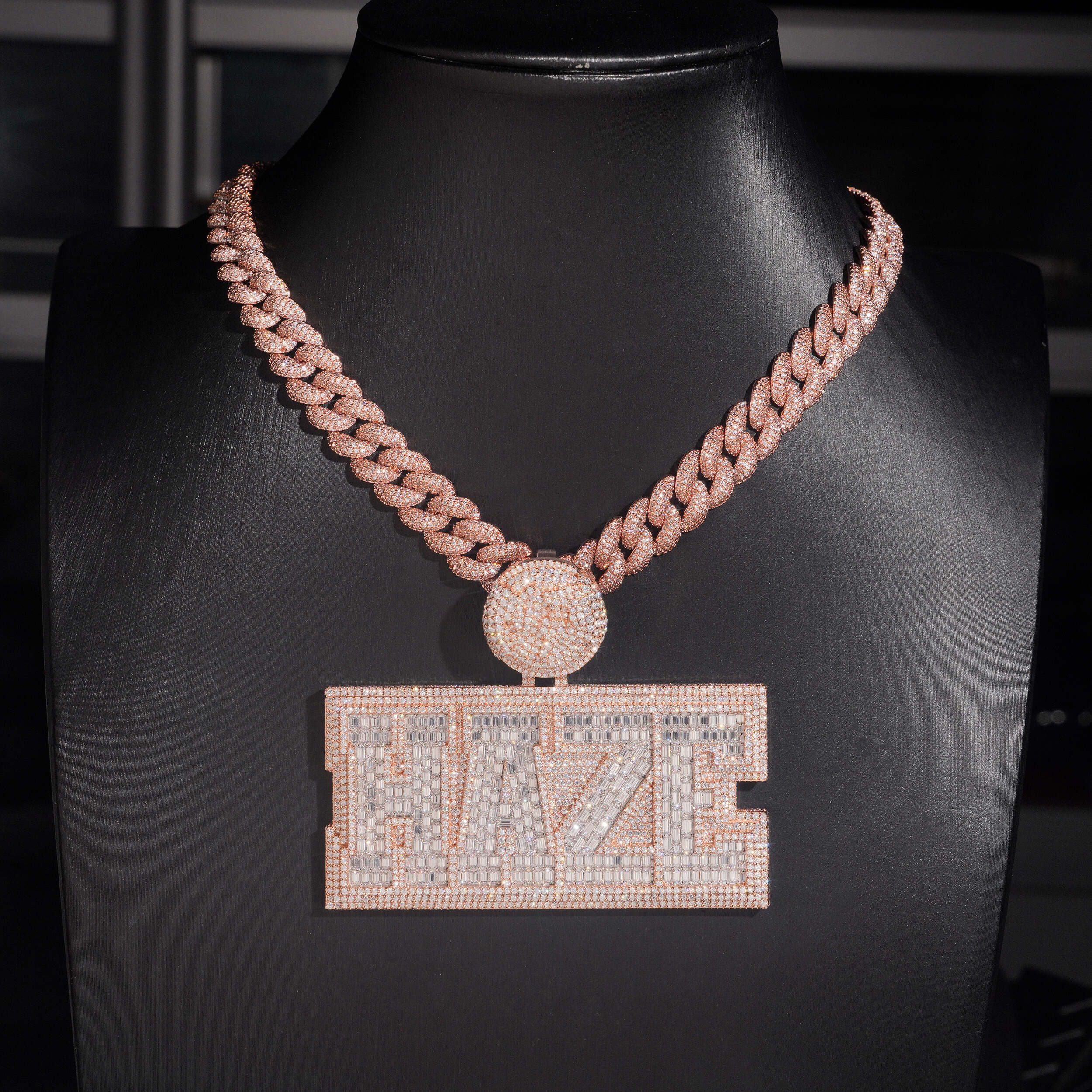 3Inch Width Round Mix Baguette Cut Name Pendant With Photo On Back