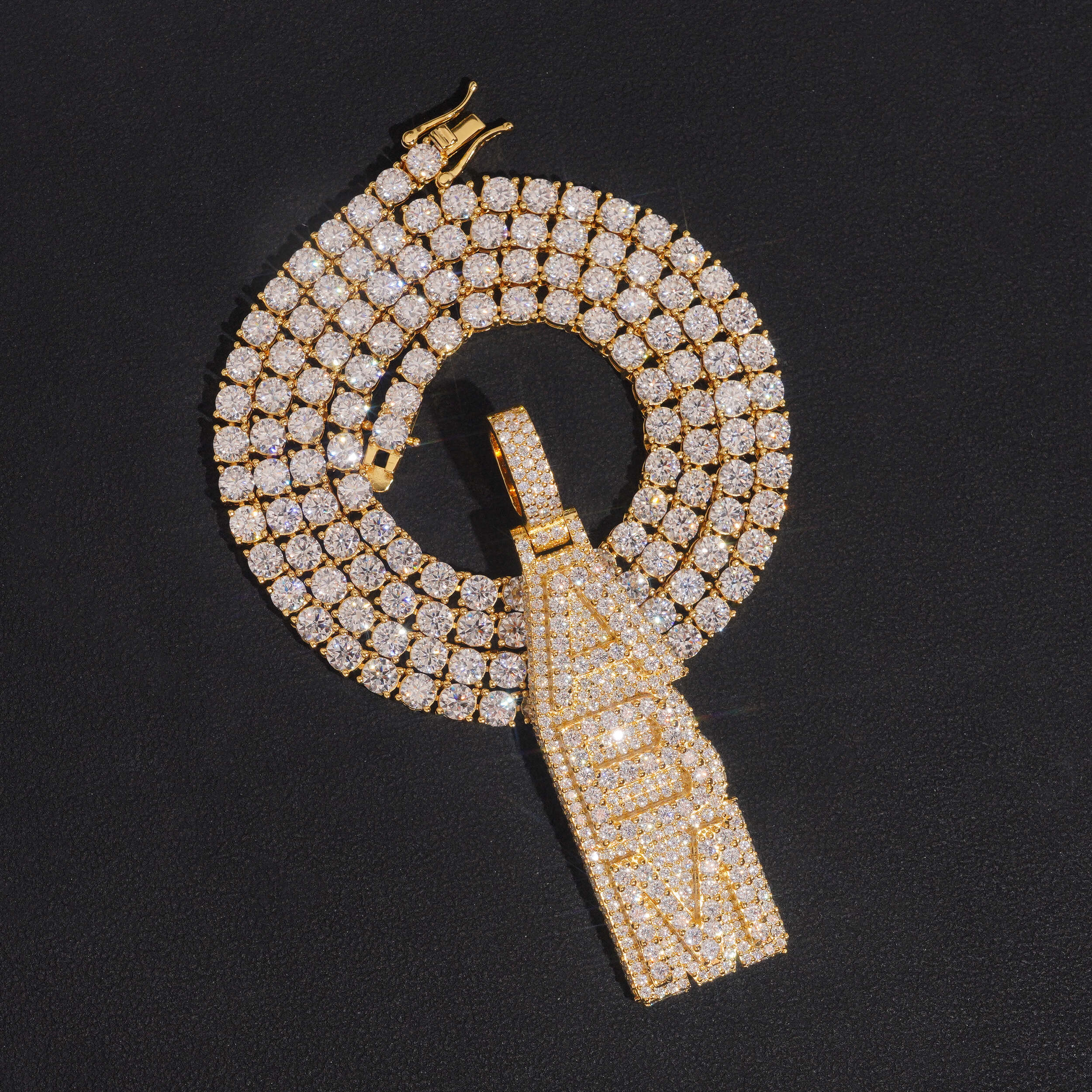 Yellow Gold Vertical Name Pendant VVS Moissanite Fit For 4MM Tennis Chain