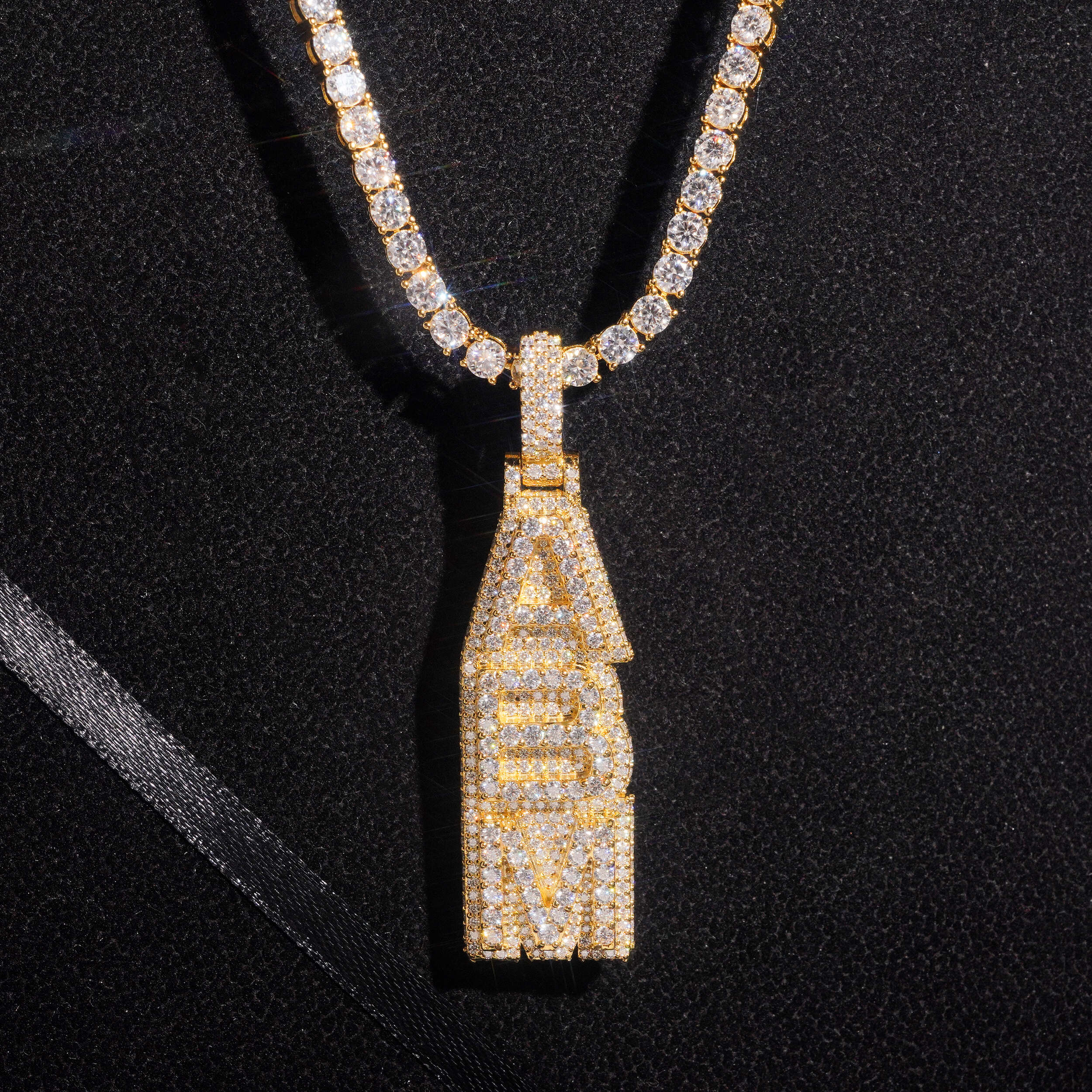 Yellow Gold Vertical Name Pendant VVS Moissanite Fit For 4MM Tennis Chain