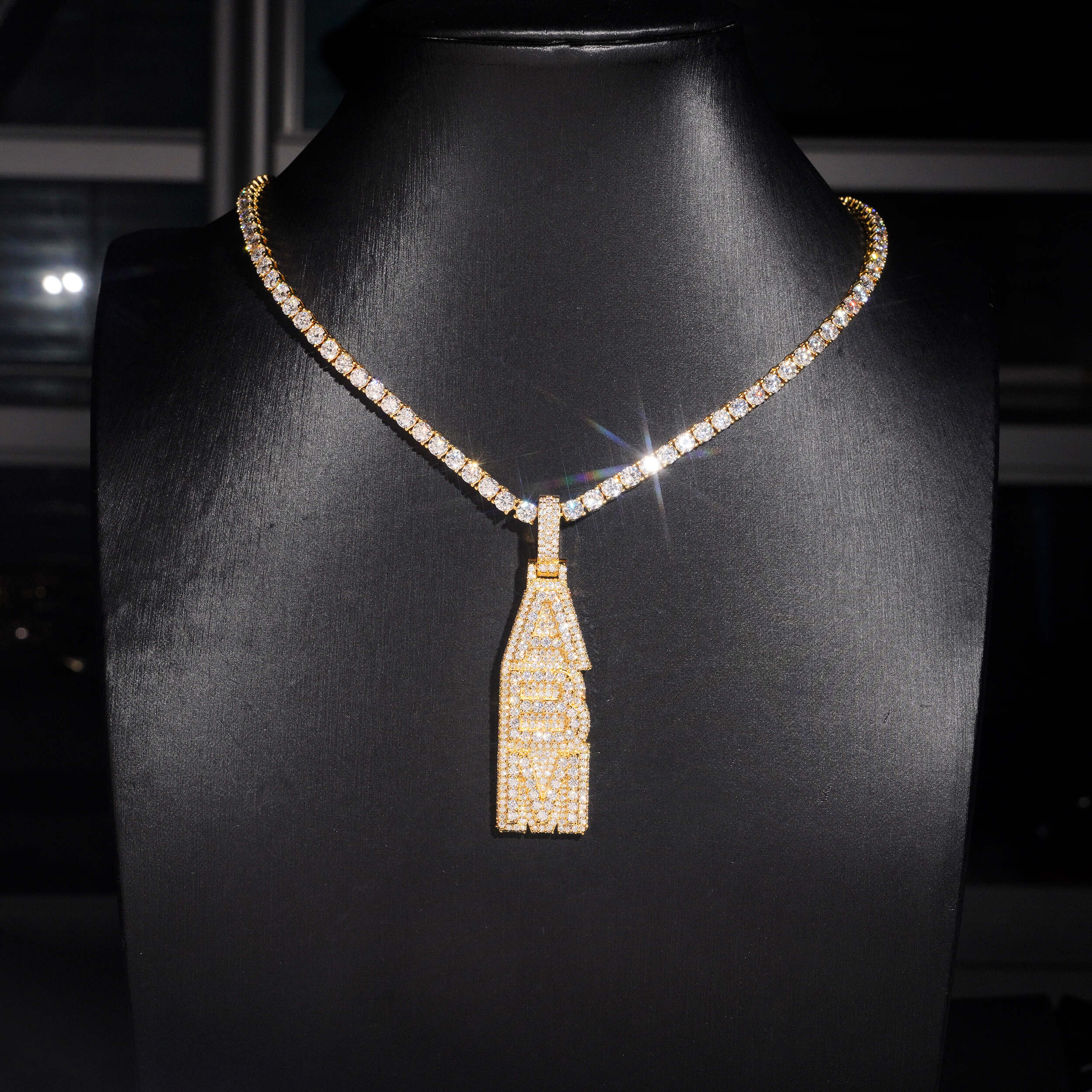 Yellow Gold Vertical Name Pendant VVS Moissanite Fit For 4MM Tennis Chain