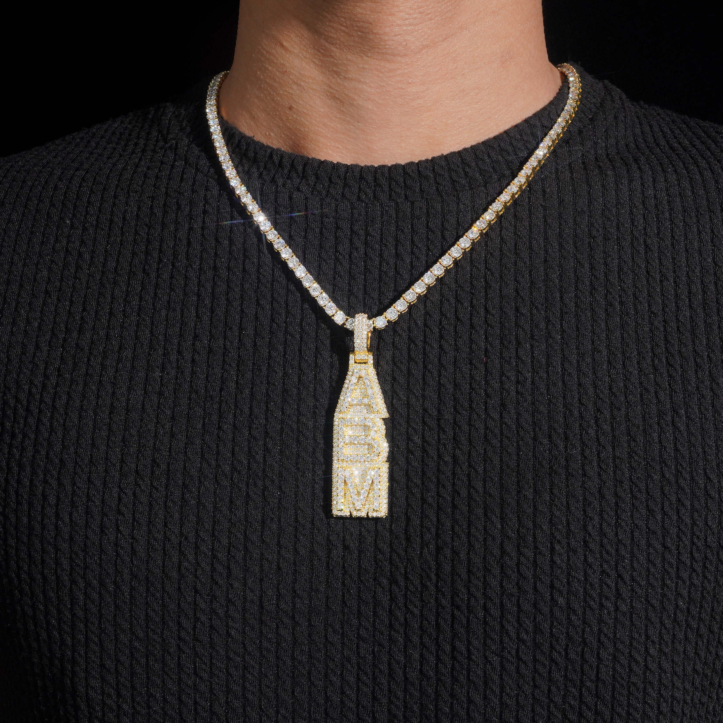 Yellow Gold Vertical Name Pendant VVS Moissanite Fit For 4MM Tennis Chain