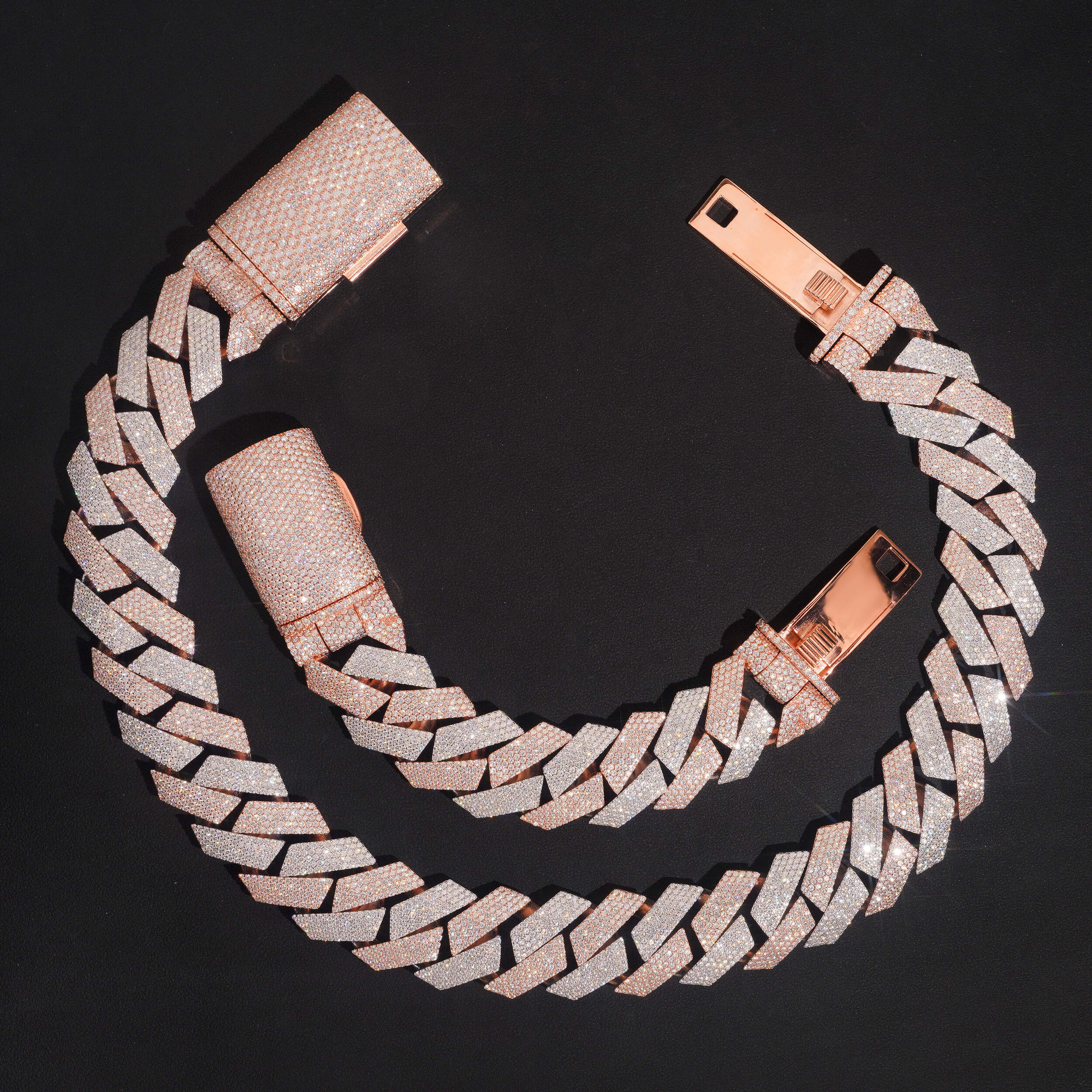 28MM Rose Gold Two Tone New Design Prong Setting Cuban Link Chain Necklace