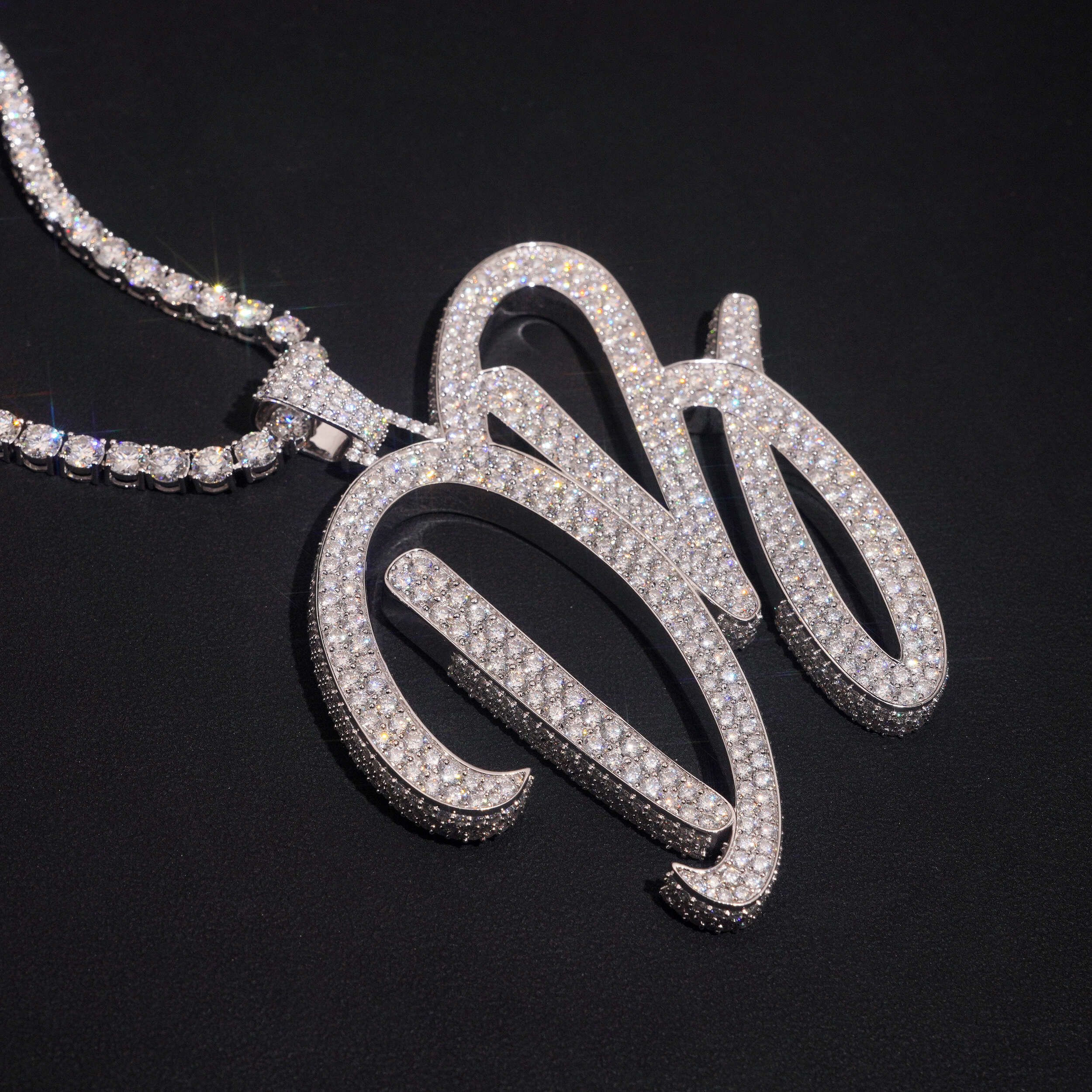 Cursive Font Two Letters Moissanite Diamond Name Pendant