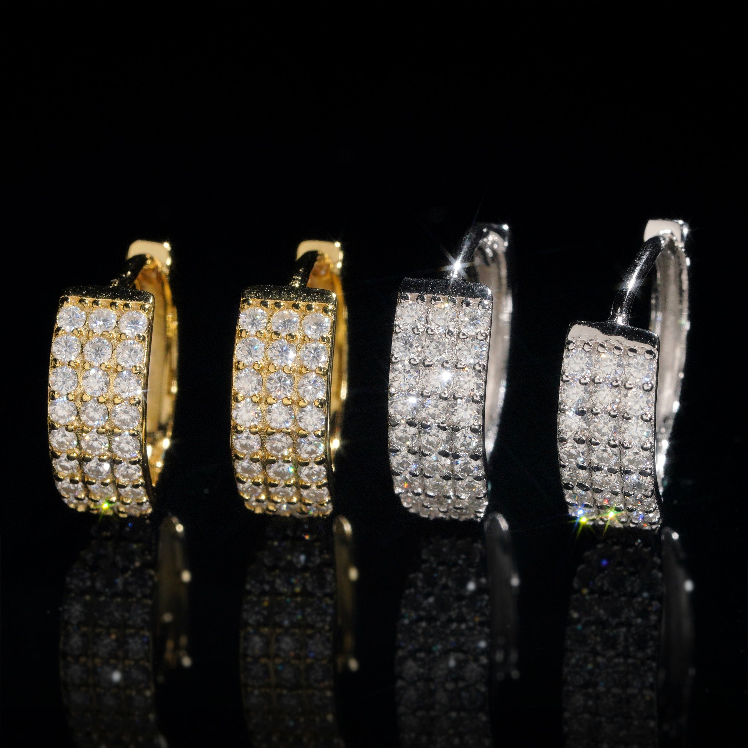 Brincos de argola de moissanite com 3 fileiras de diamante em ouro branco 925 prata