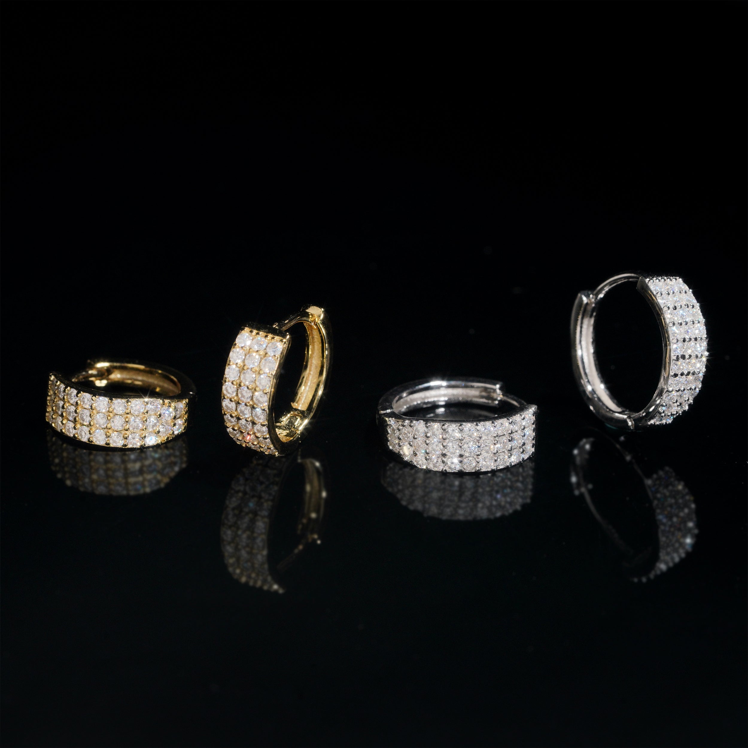Brincos de argola de moissanite com 3 fileiras de diamante em ouro branco 925 prata
