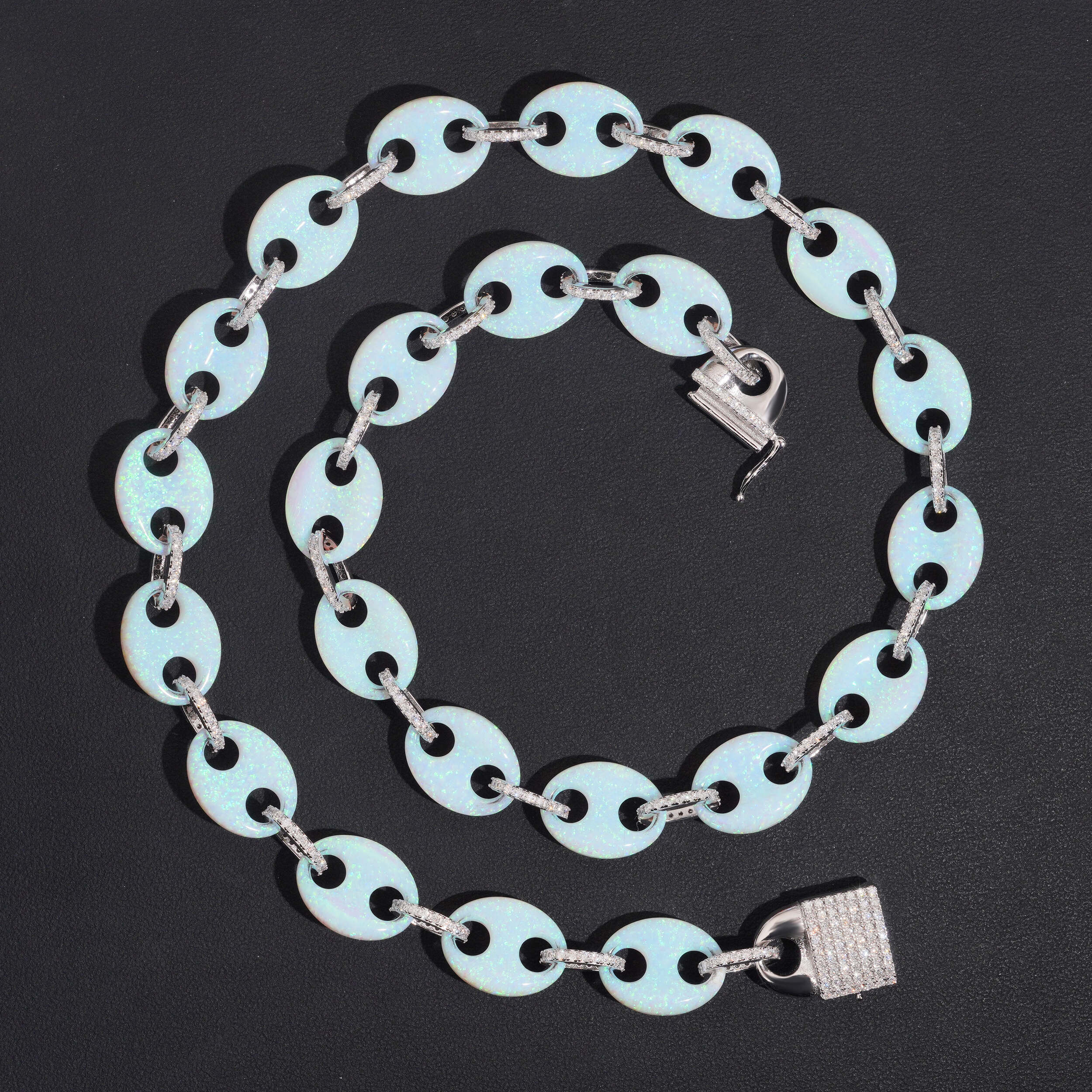 Custom Made 15MM Width Gucci Link Mariner Opal Mix Moissanite Diamond Necklace