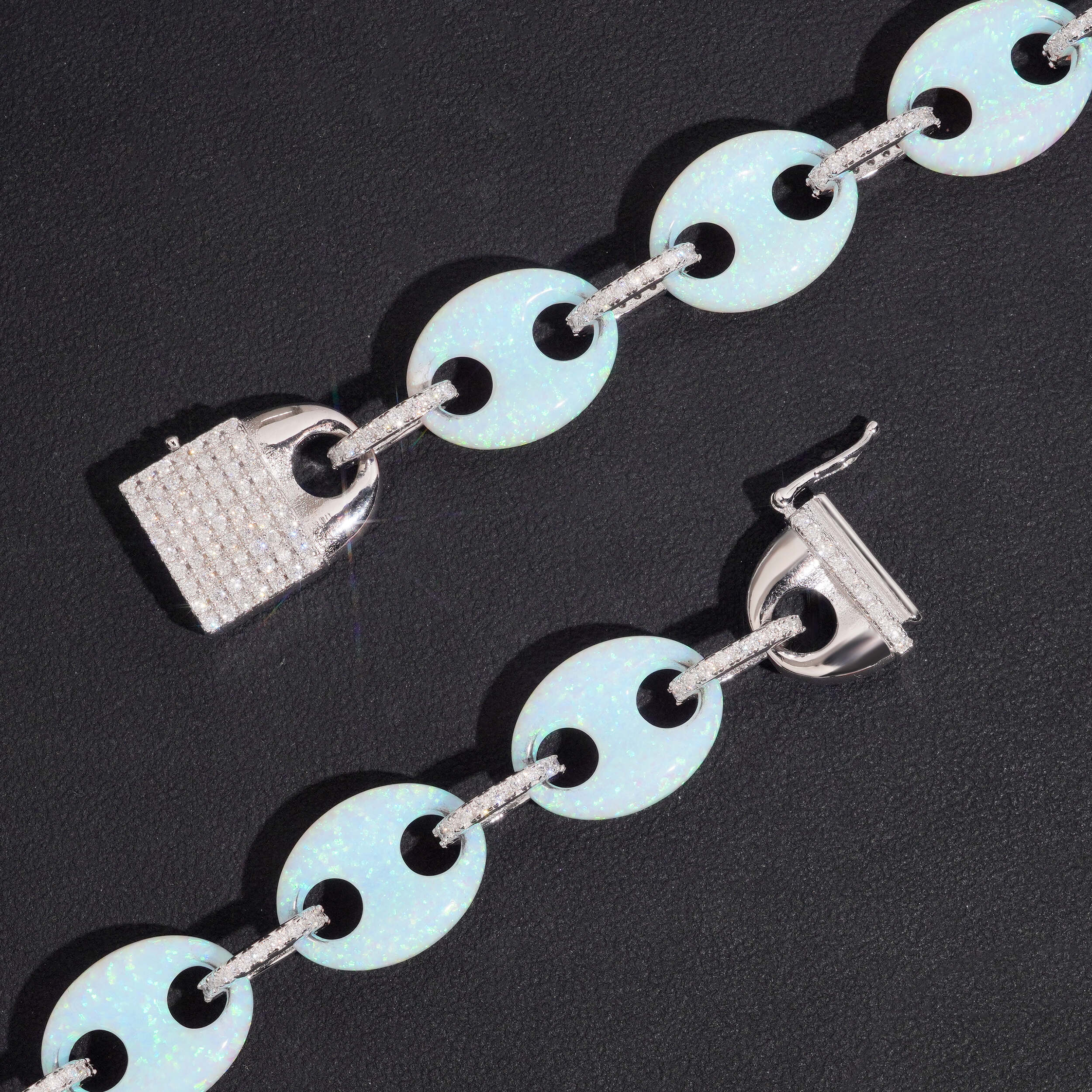 Custom Made 15MM Width Gucci Link Mariner Opal Mix Moissanite Diamond Necklace