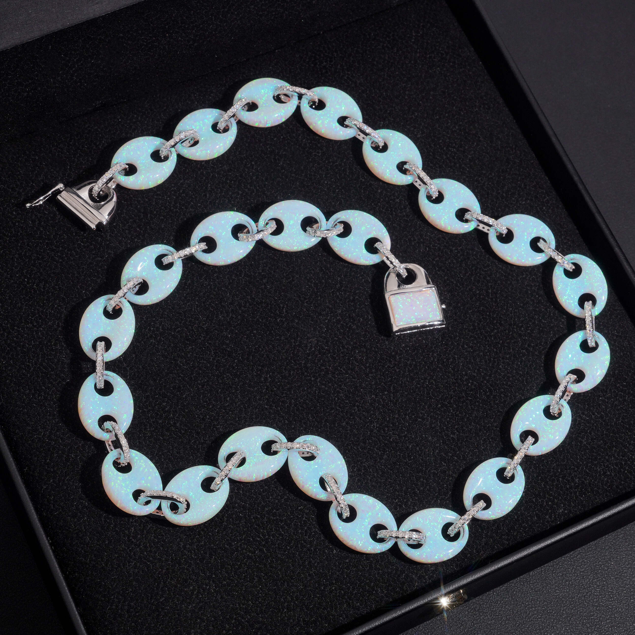 Custom Made 15MM Width Gucci Link Mariner Opal Mix Moissanite Diamond Necklace