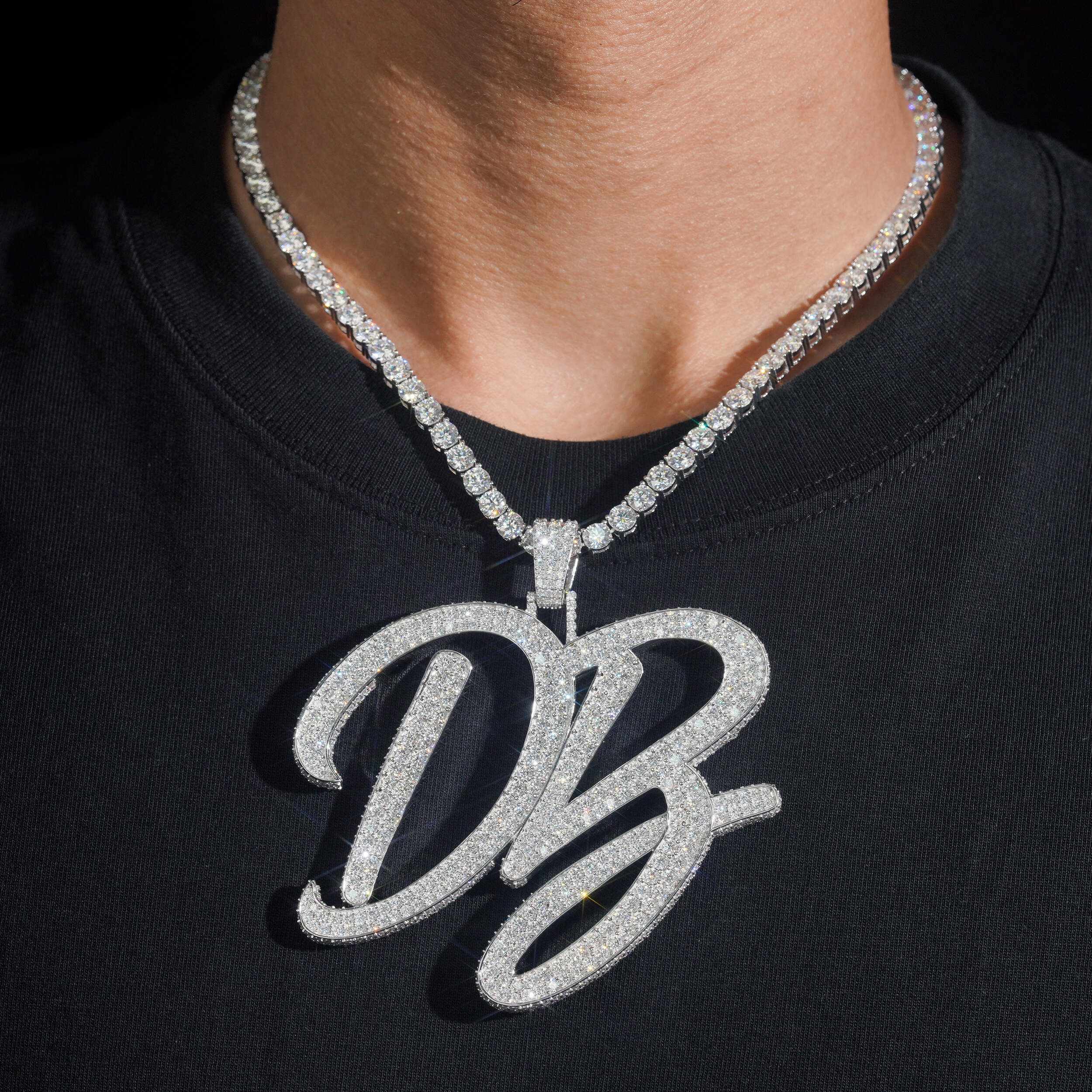 Cursive Font Two Letters Moissanite Diamond Name Pendant