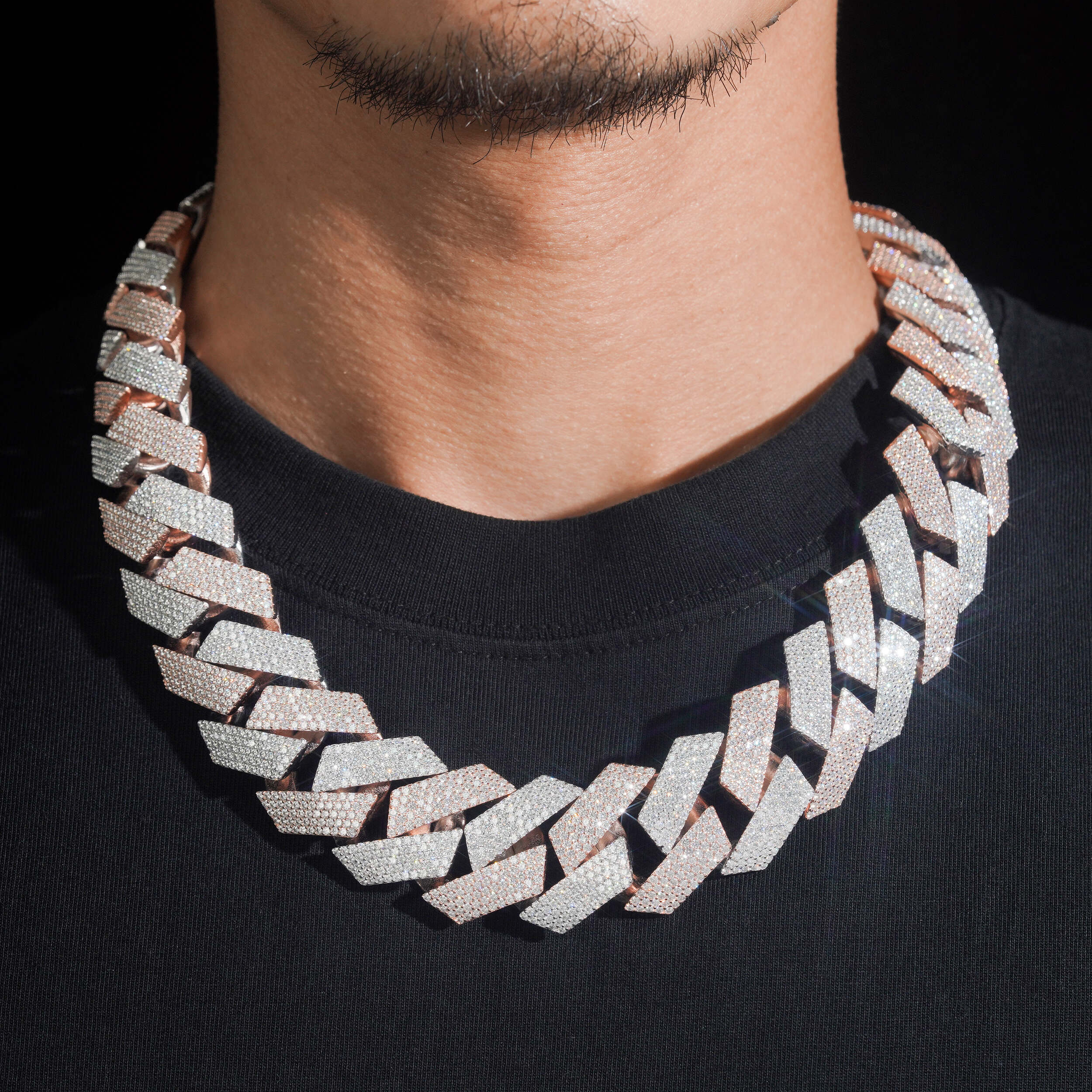 28MM Rose Gold Two Tone New Design Prong Setting Cuban Link Chain Necklace