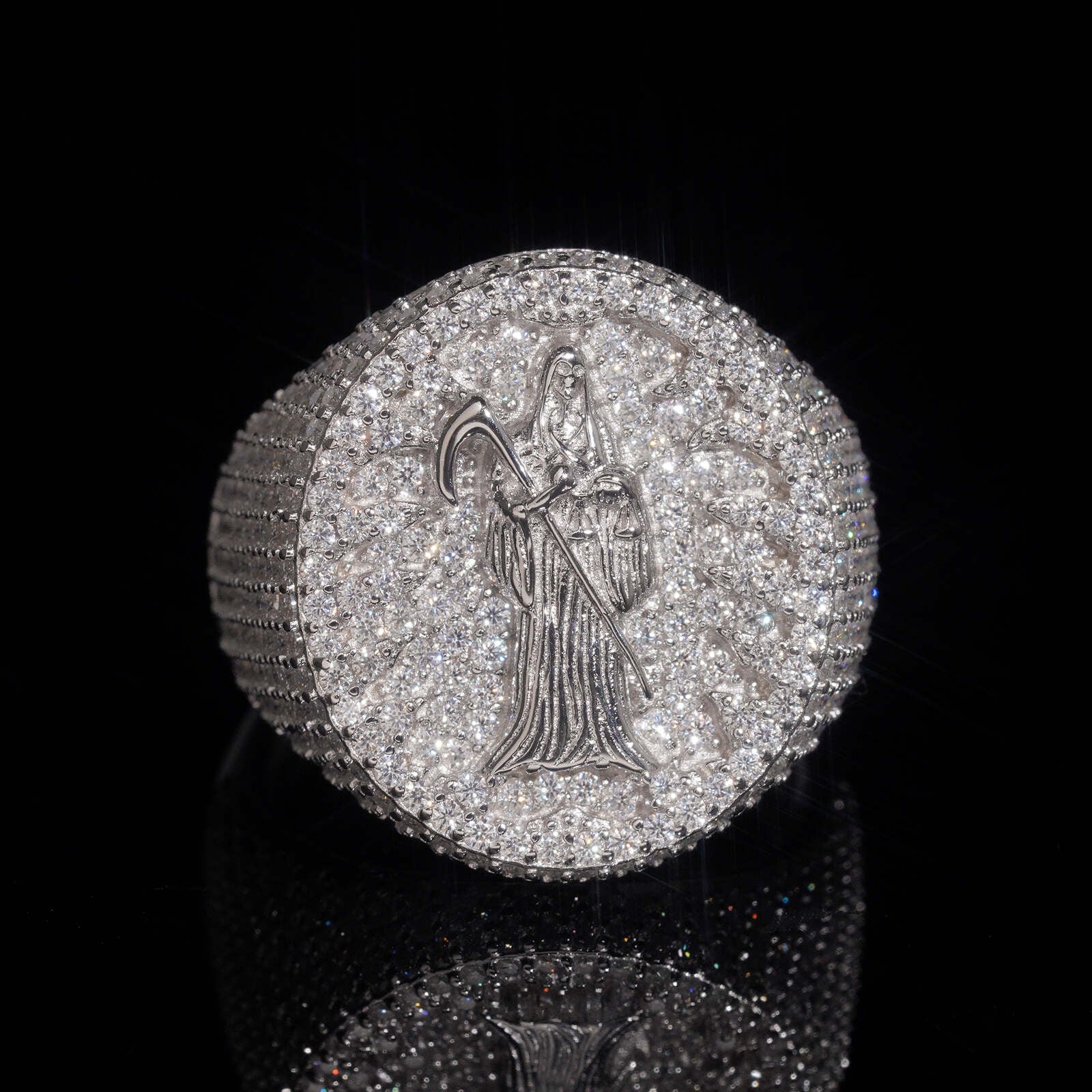 Solid Silver Dead Ghost Men Iced Out Moissanite Diamond Ring