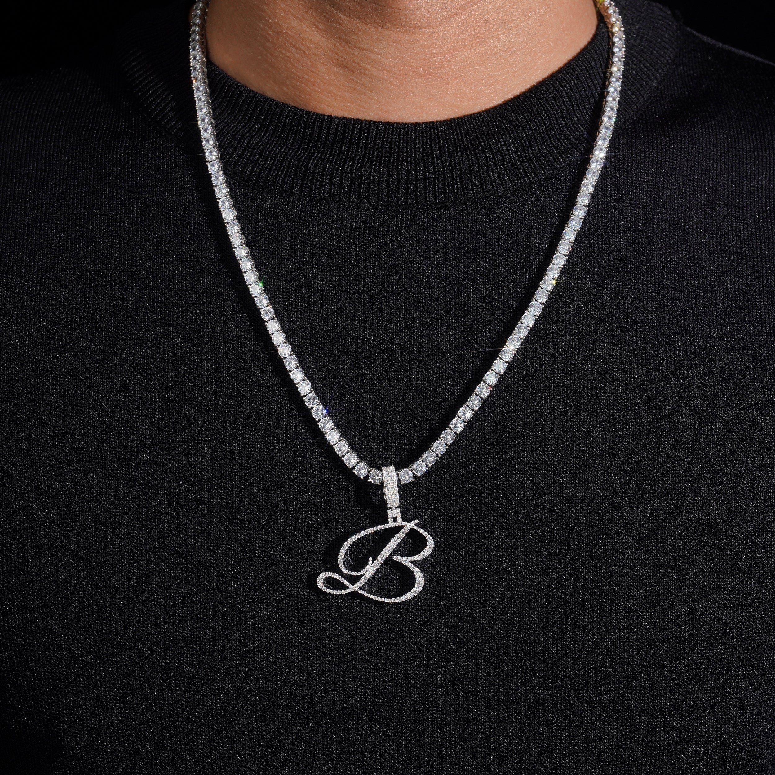 Cursive Font Initial Letter Pendant Silver 925 Moissanite Diamond