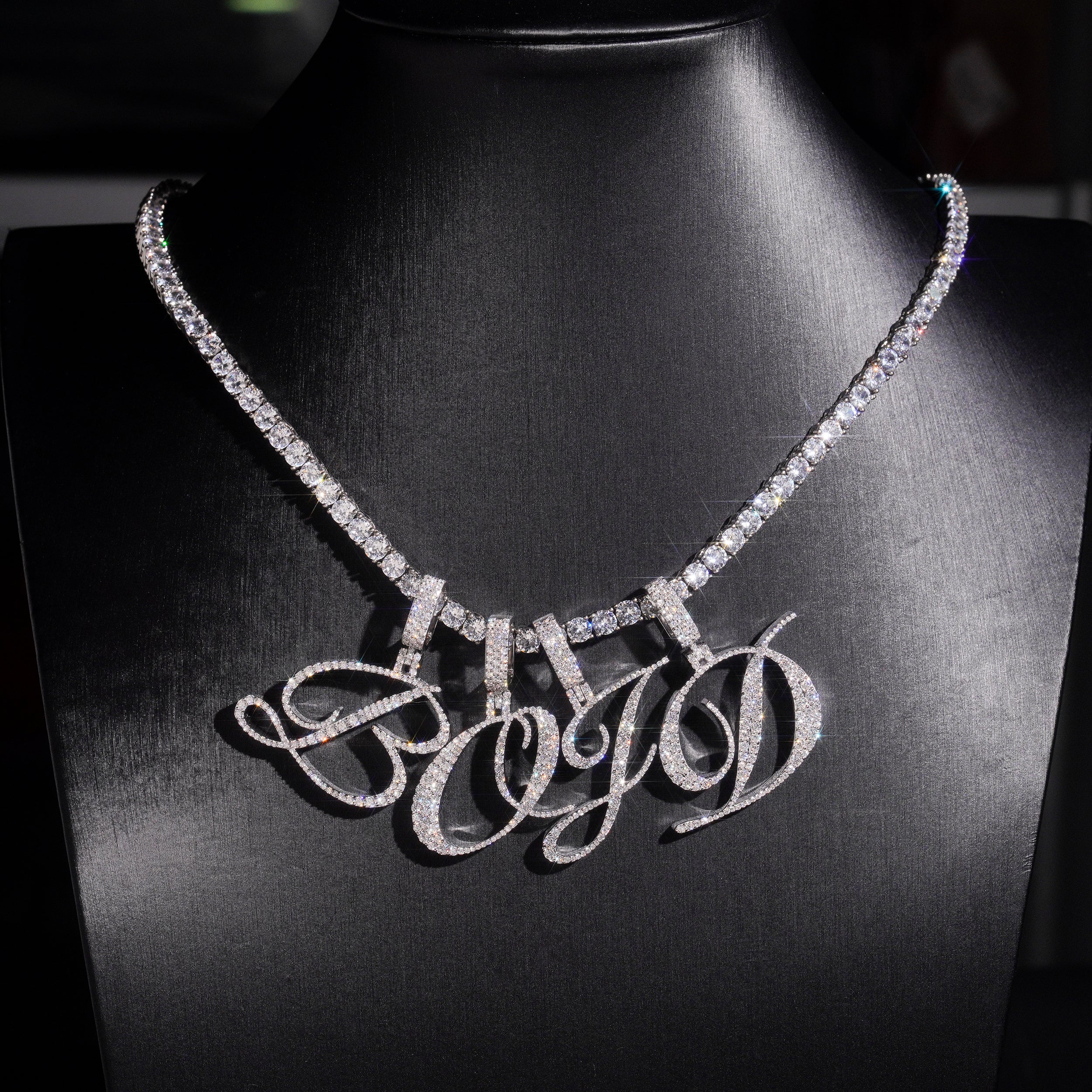 Cursive Font Initial Letter Pendant Silver 925 Moissanite Diamond