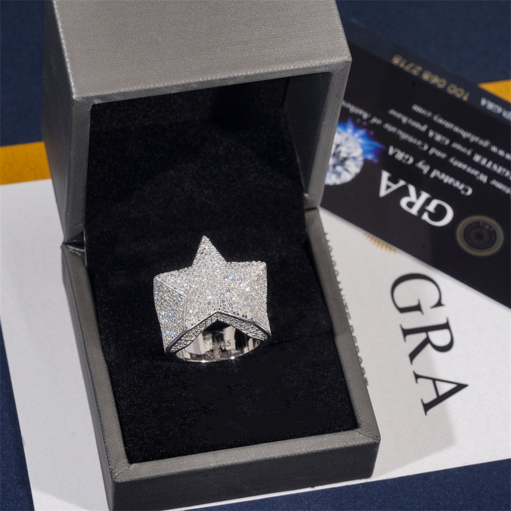 David Star Shaped Moissanite Diamond Men Ring Solid Silver Hip Hop Jewelry
