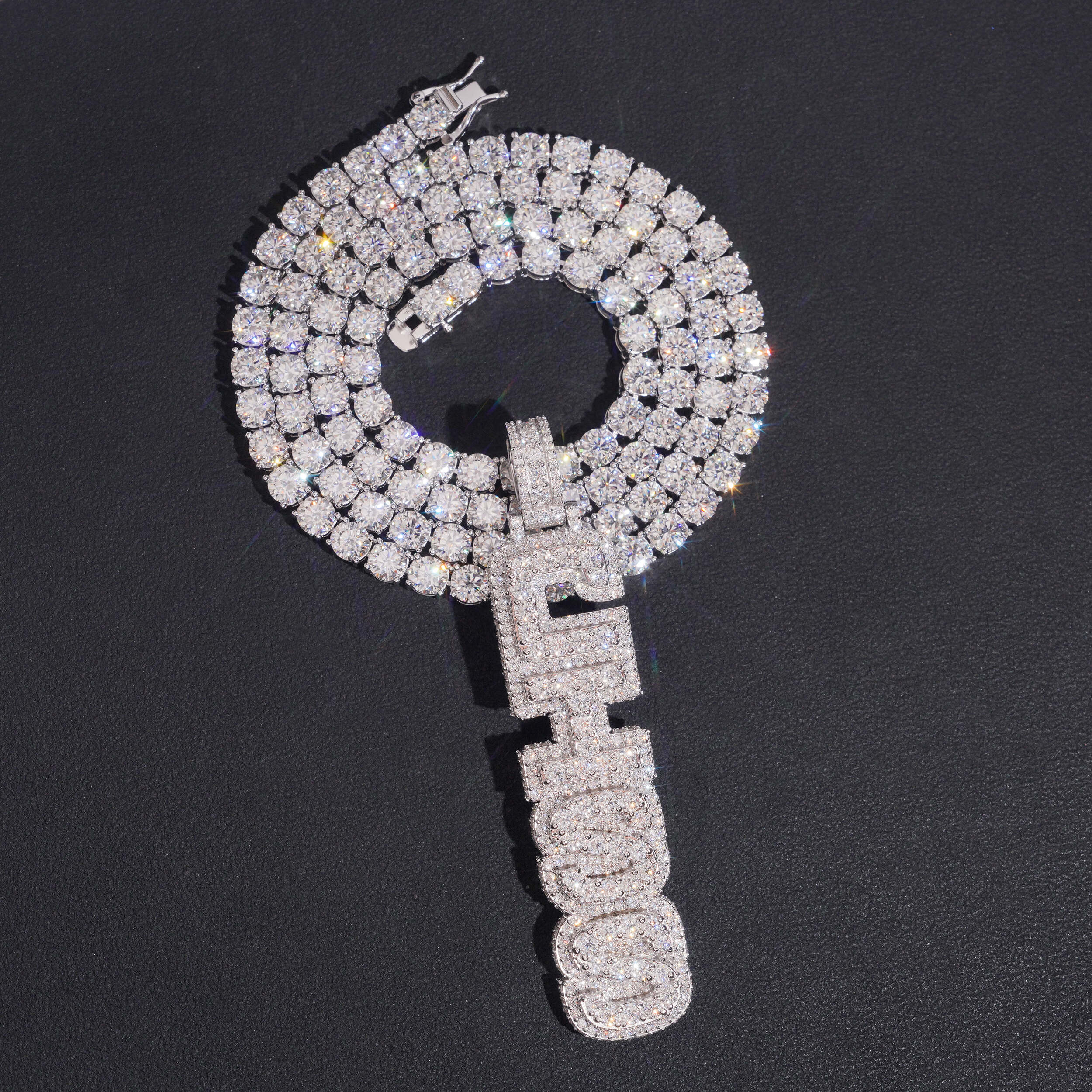 Iced Out Solid Silver VVS Moissanite Custom Made Vertical Name Pendant