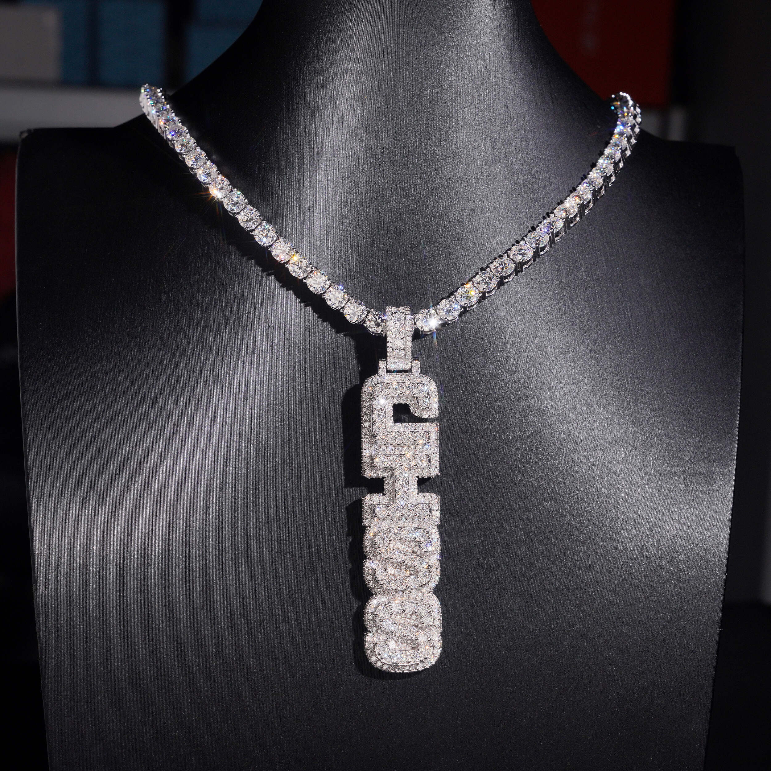 Iced Out Solid Silver VVS Moissanite Custom Made Vertical Name Pendant