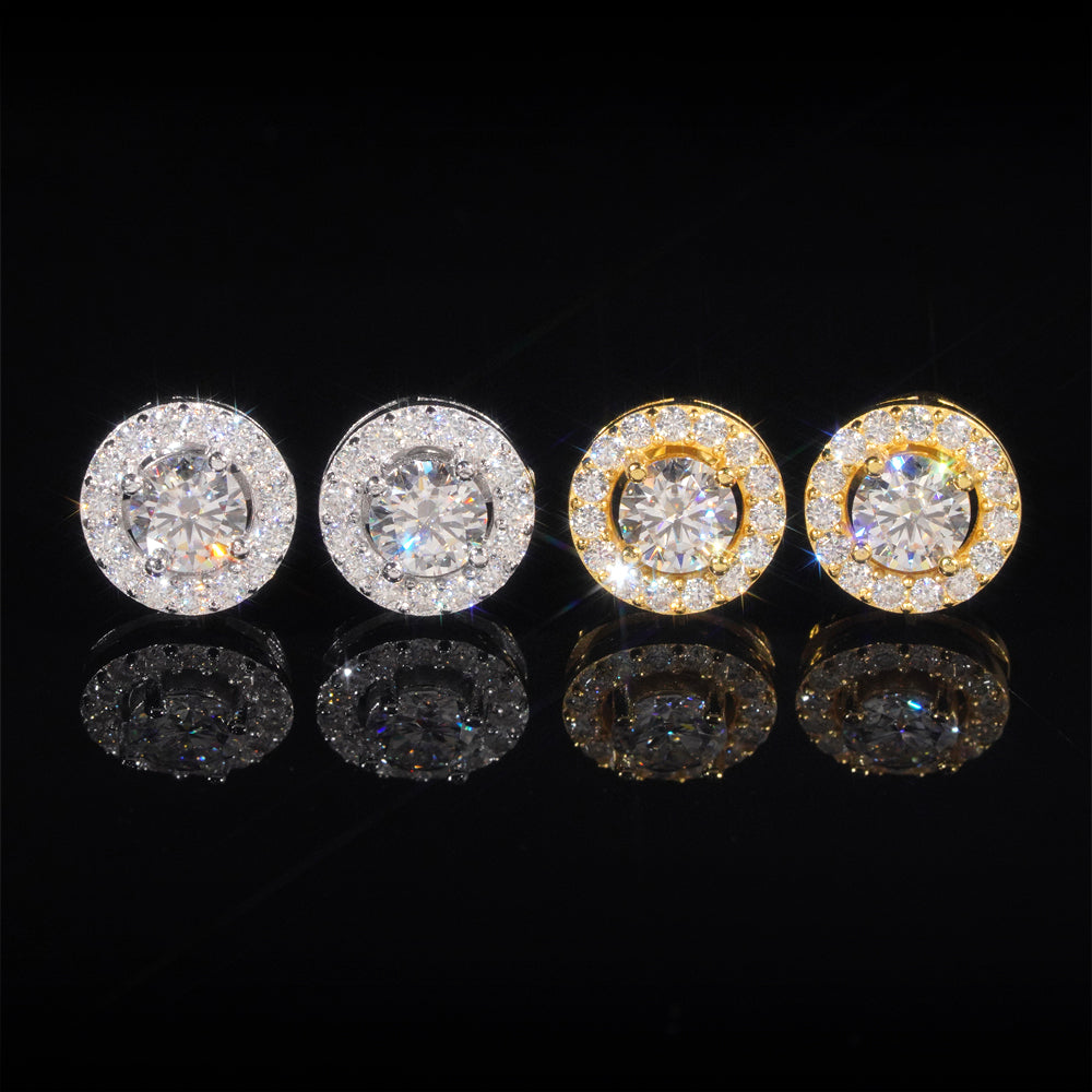 925 Silver Men Fashion Halo Diamond Style Moissanite Earrings Screw Back