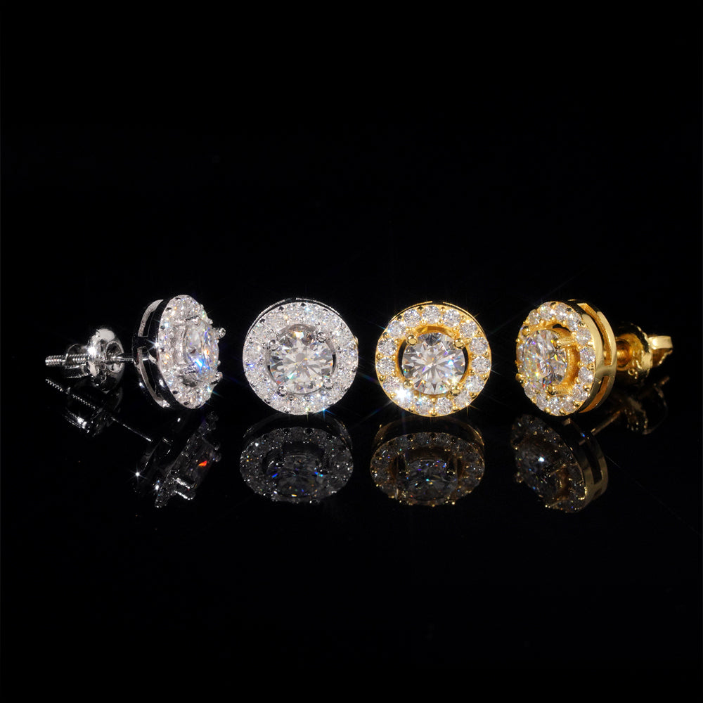 925 Silver Men Fashion Halo Diamond Style Moissanite Earrings Screw Back