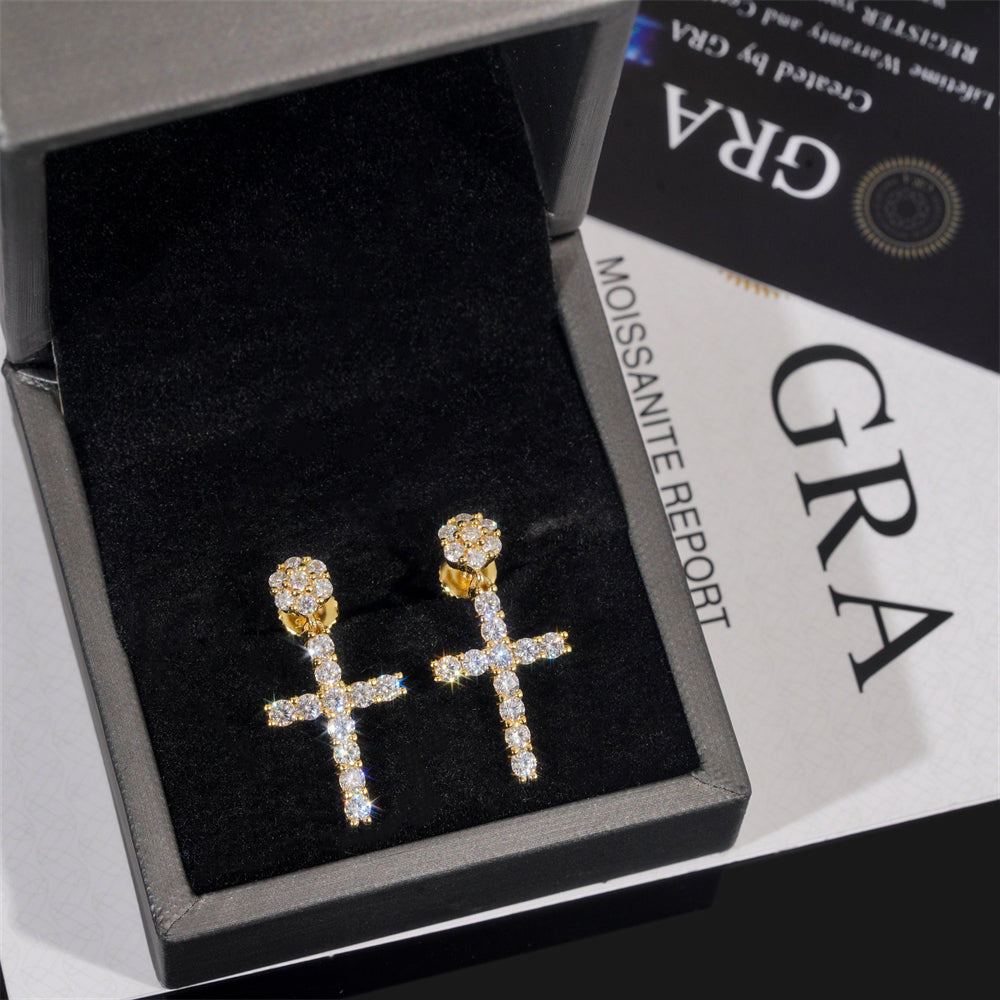 VVS Moissanite Diamond Cross Stud Earrings Screw Back Silver 925 For Men