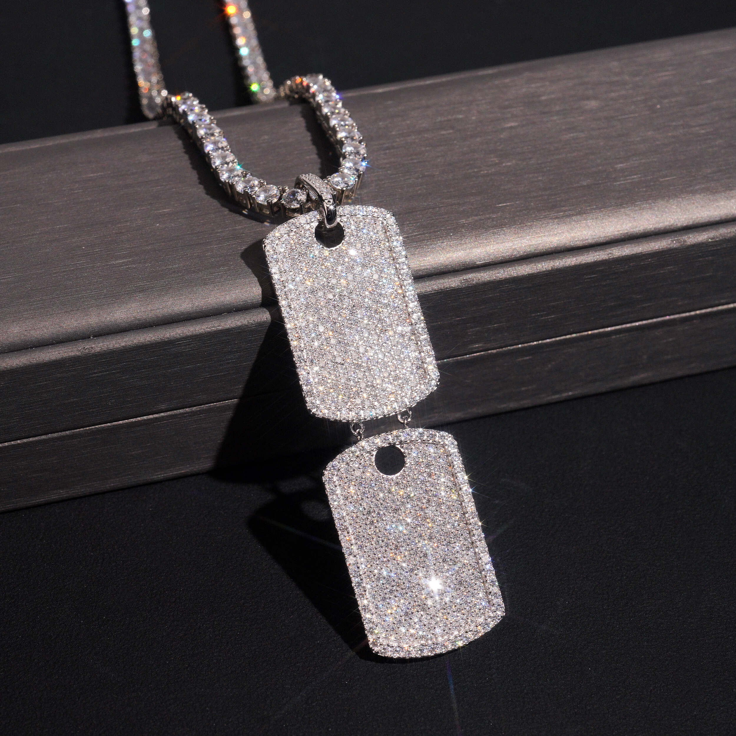 VVS Moissanite Double Dog Tag Pendant Fully Iced Fit For 4MM Tennis Chain