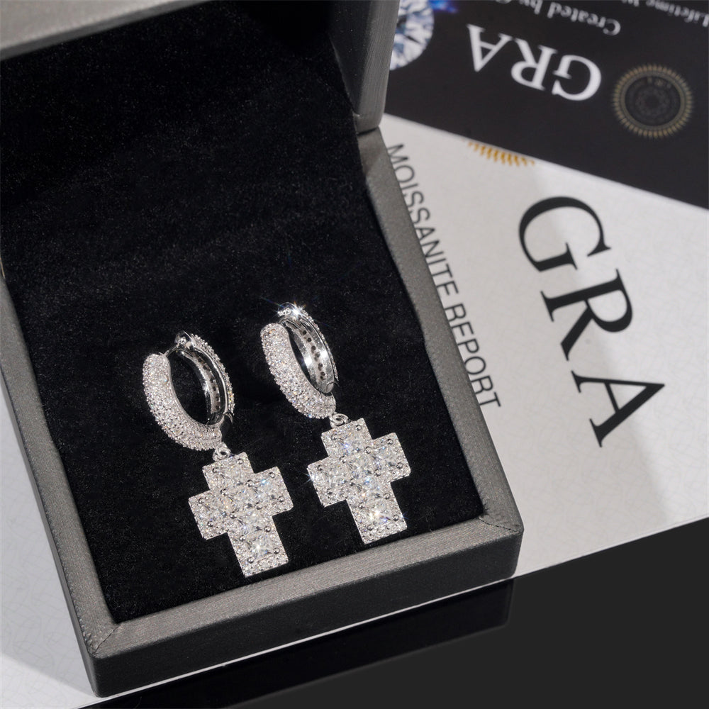 Iced Out Cross Hoop Earrings For Men Solid Silver VVS Moissanite Diamond