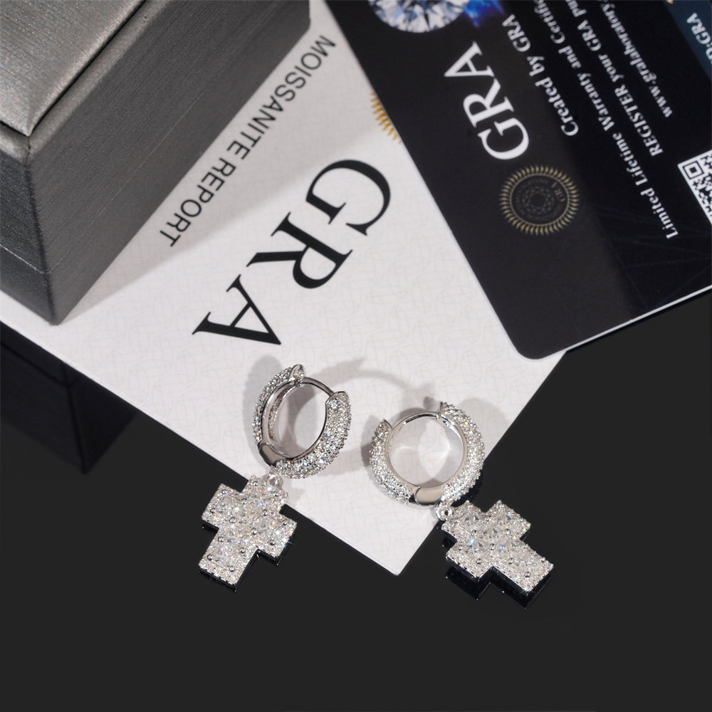 Iced Out Cross Hoop Earrings For Men Solid Silver VVS Moissanite Diamond