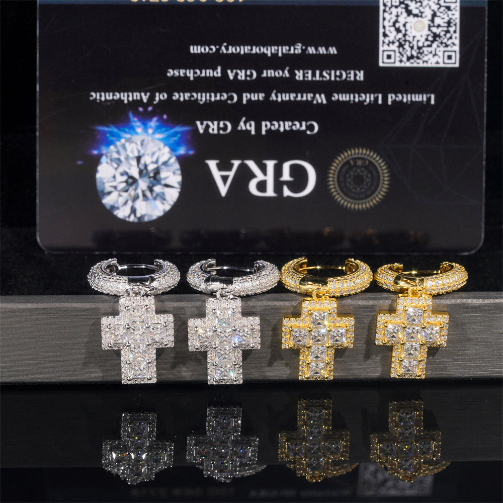Iced Out Cross Hoop Earrings For Men Solid Silver VVS Moissanite Diamond