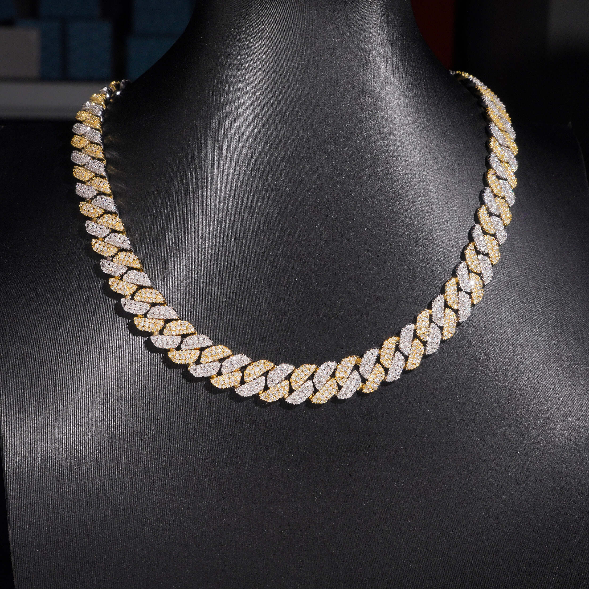 10MM Yellow Gold Two Tone Cuban Link Chain Necklace VVS Moissanite Diamond