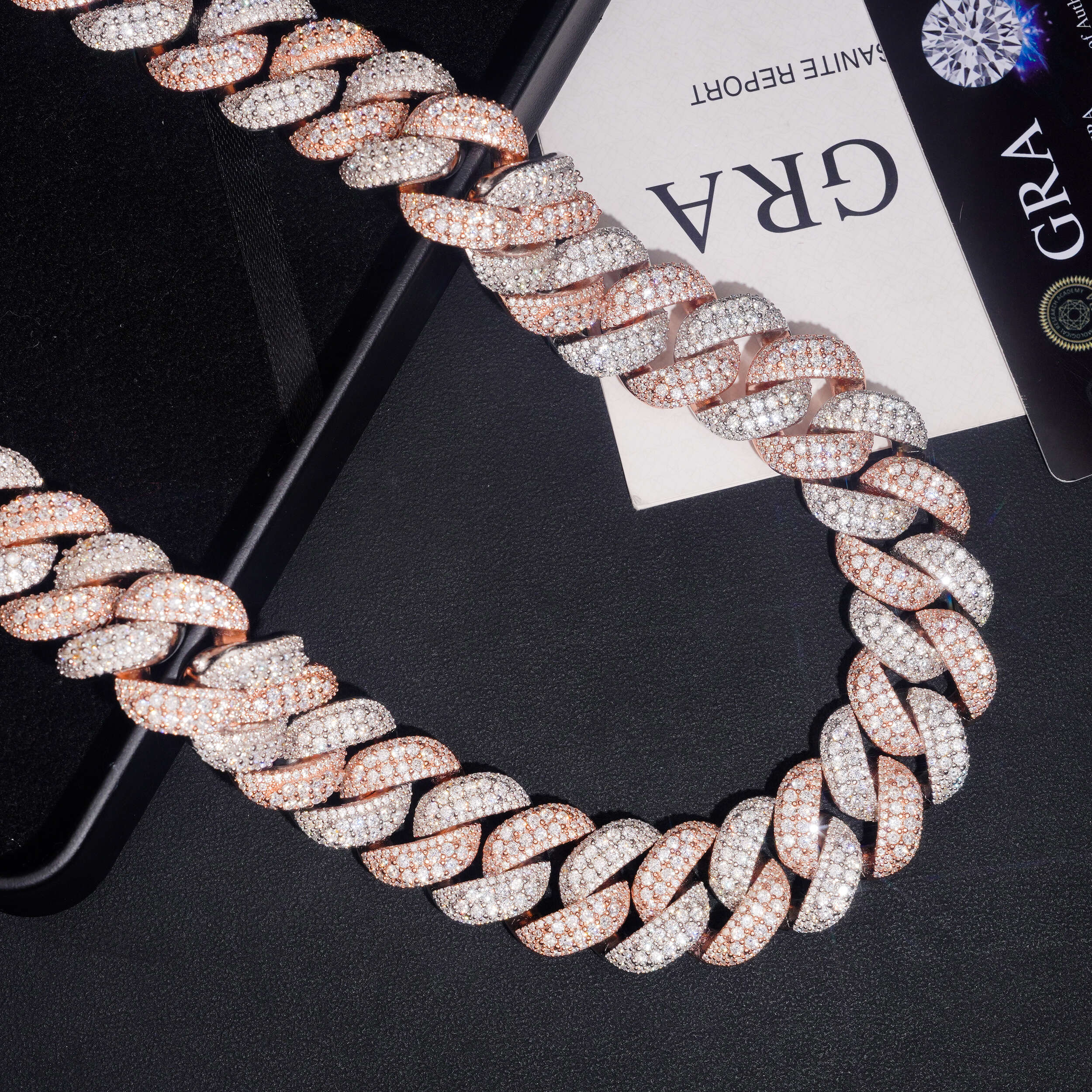 20MM Raised Stone Rose Gold Two Tone Cuban Chain Necklace Hip Hop Moissanite Jewelry