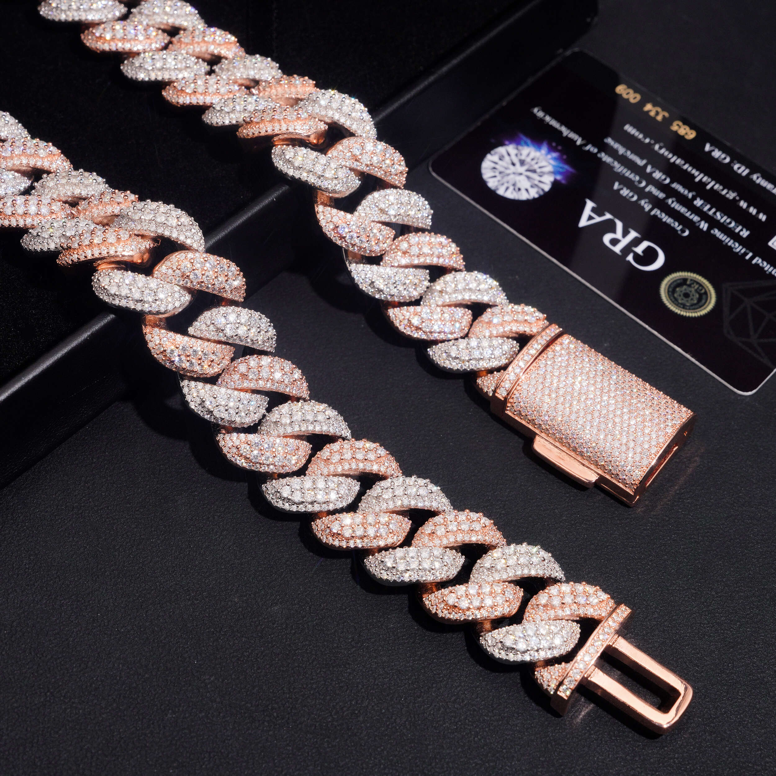20MM Raised Stone Rose Gold Two Tone Cuban Chain Necklace Hip Hop Moissanite Jewelry