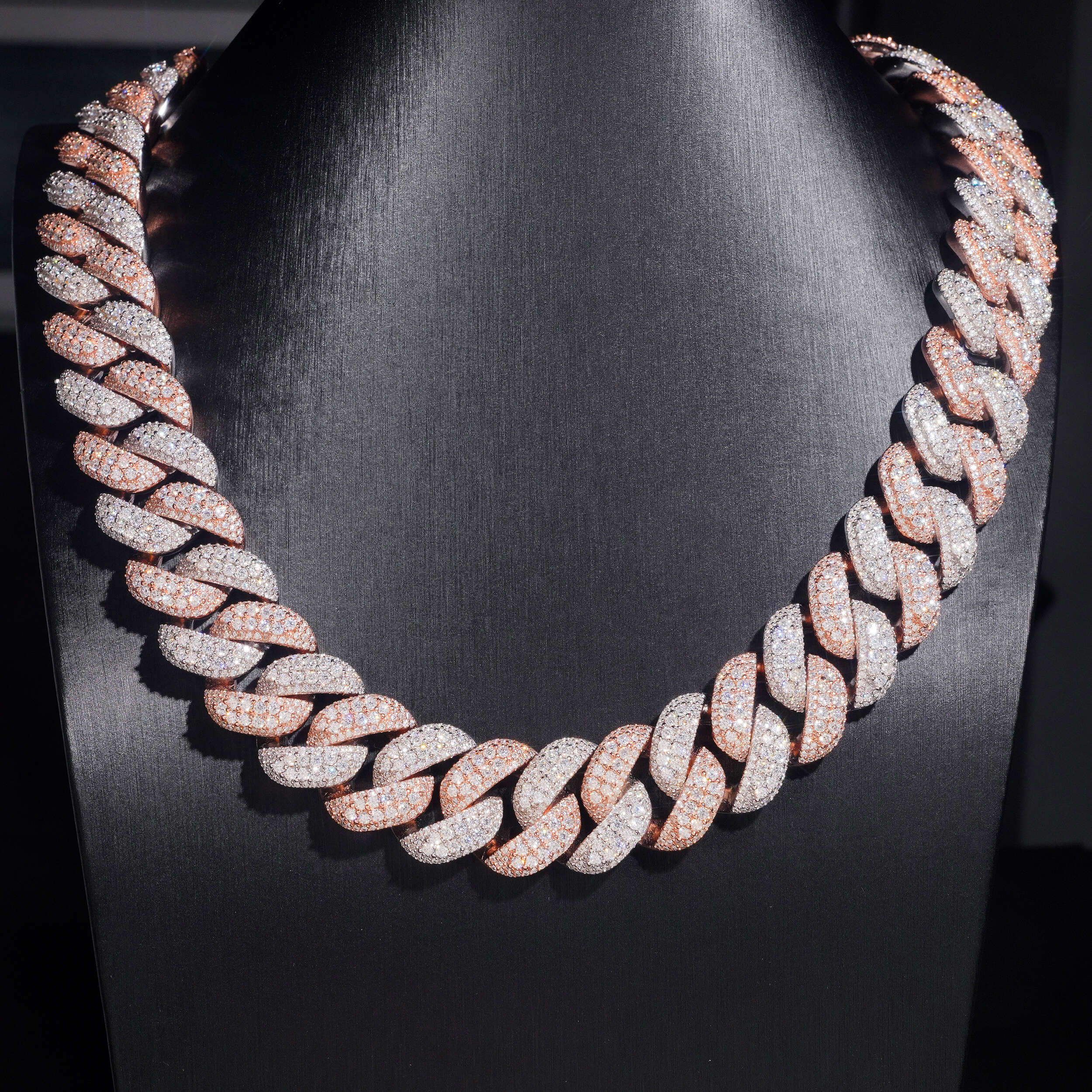 20MM Raised Stone Rose Gold Two Tone Cuban Chain Necklace Hip Hop Moissanite Jewelry