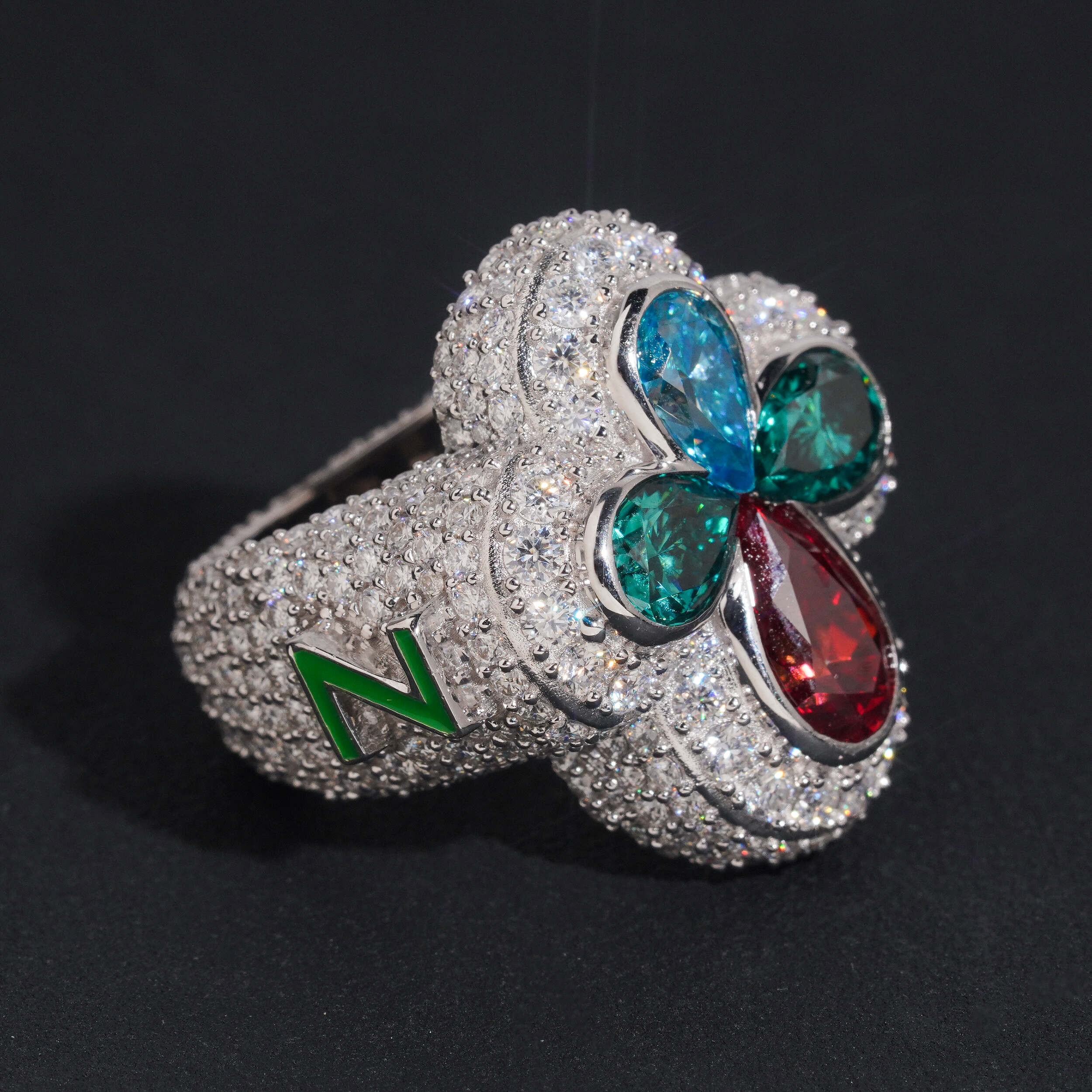 Iced Out Men Jewelry Custom Initial Clover Ring With Color Moissanite