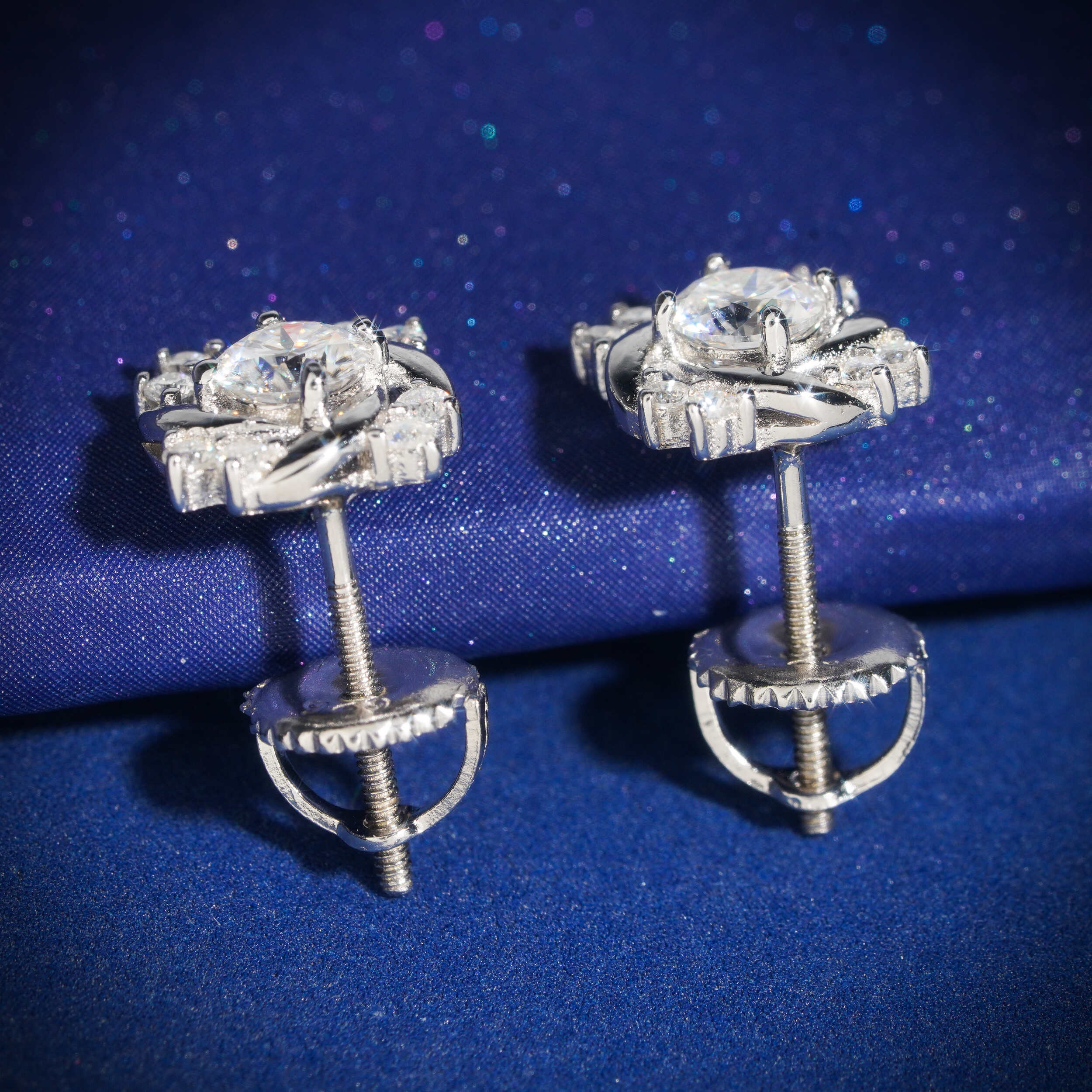 Flower Shaped VVS Moissanite Stud Earrings Screw Back 925 Sterling Silver