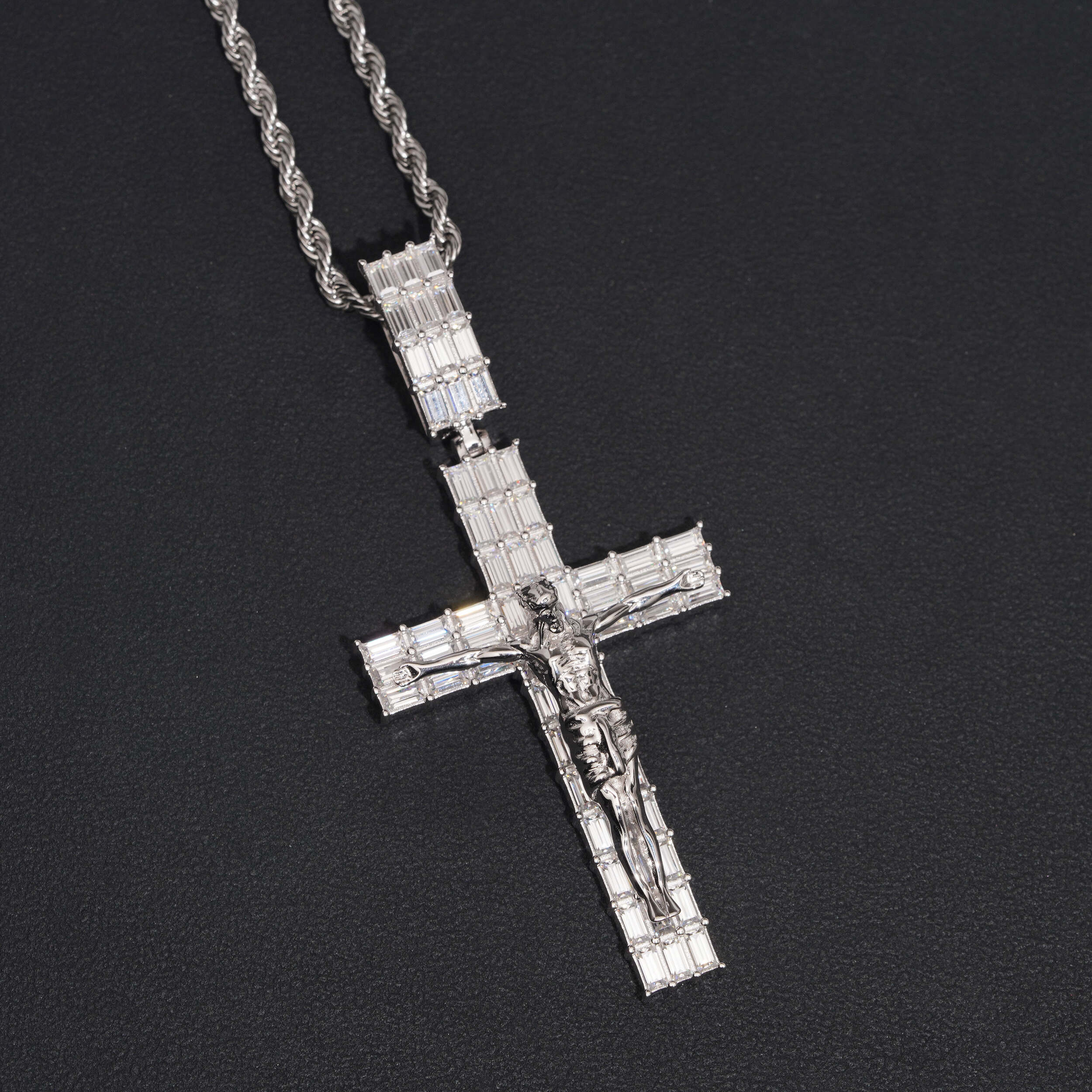 925 Sterling Silver Moissanite Jesus Baguette Cross Pendant Charm Fit For 10MM Cuban Chain