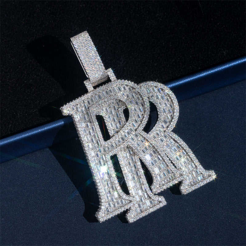 925 Silver Iced Out Custom Double R Initial Name Pendant With VVS Baguette Moissanite Fully Iced