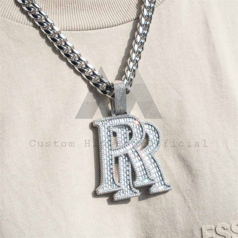 925 Silver Iced Out Custom Double R Initial Name Pendant With VVS Baguette Moissanite Fully Iced
