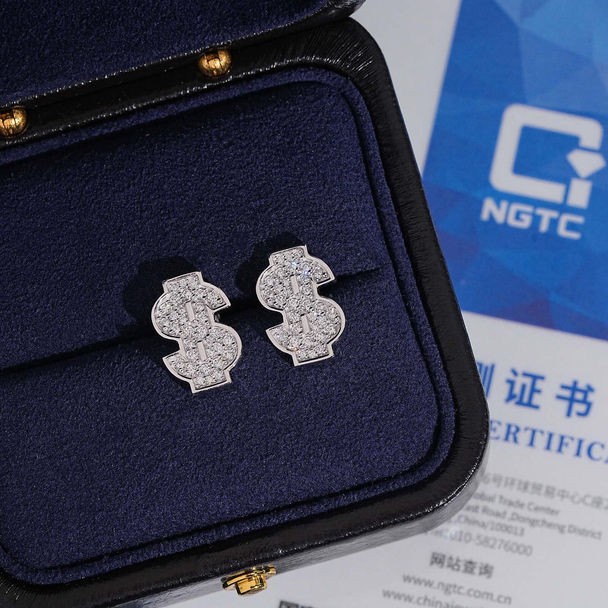 925 Sterling Silver VVS Lab Grown Dollar Sign Stud Earrings