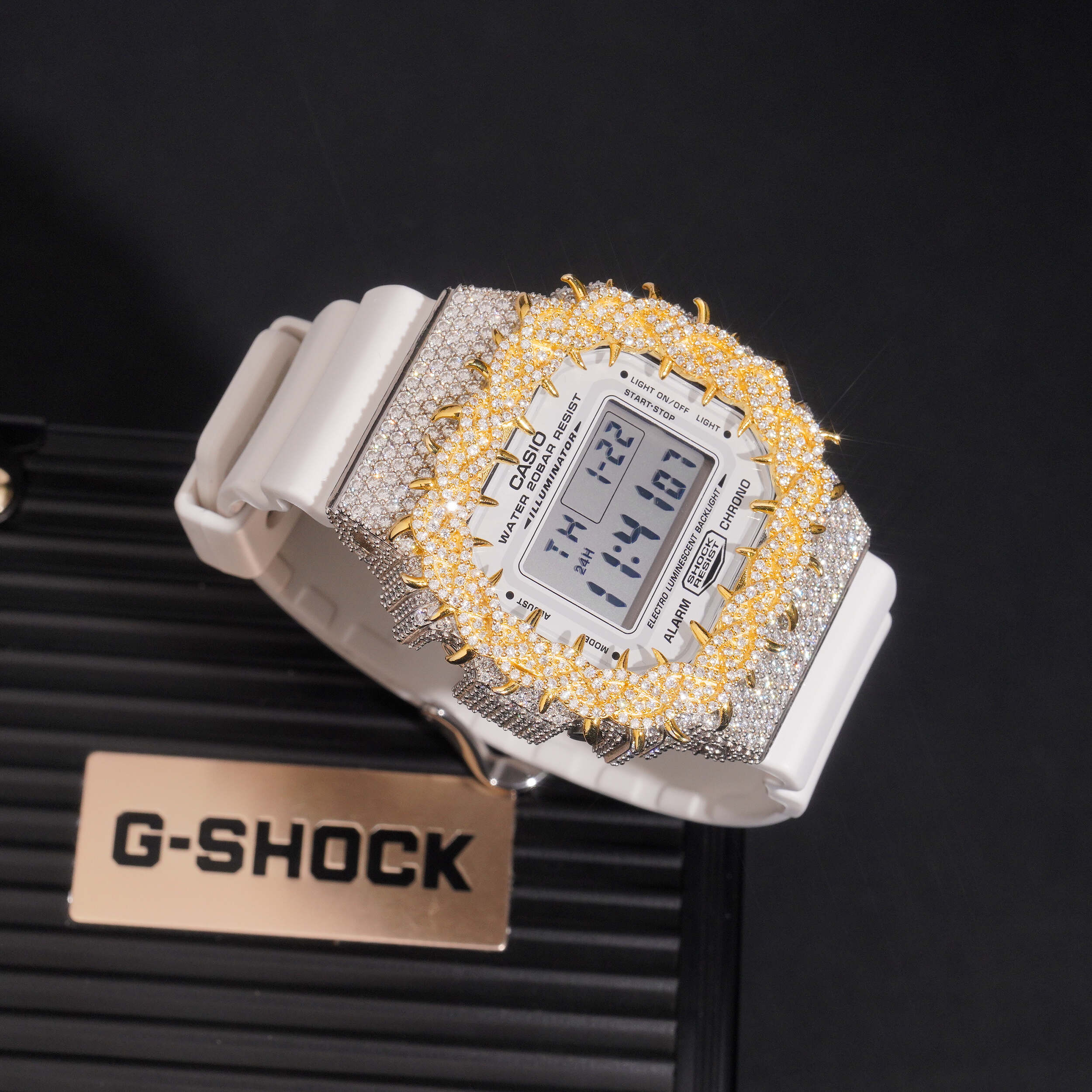 G Shock DW5600 Yellow Gold Tow Tone Moissanite Watch