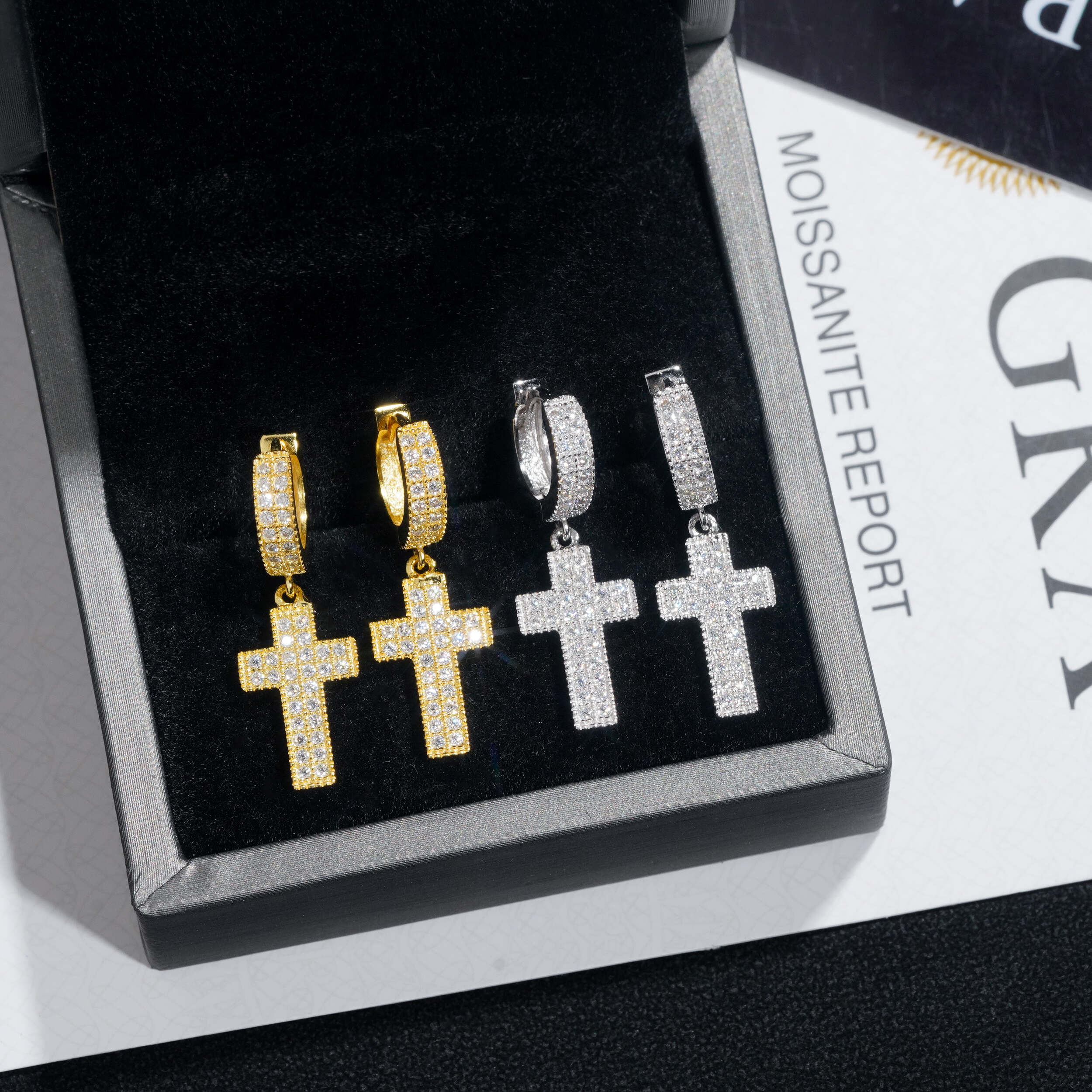 925 Silver VVS Moissanite Cross Hoop Earrings Unisex Hip Hop Jewelry