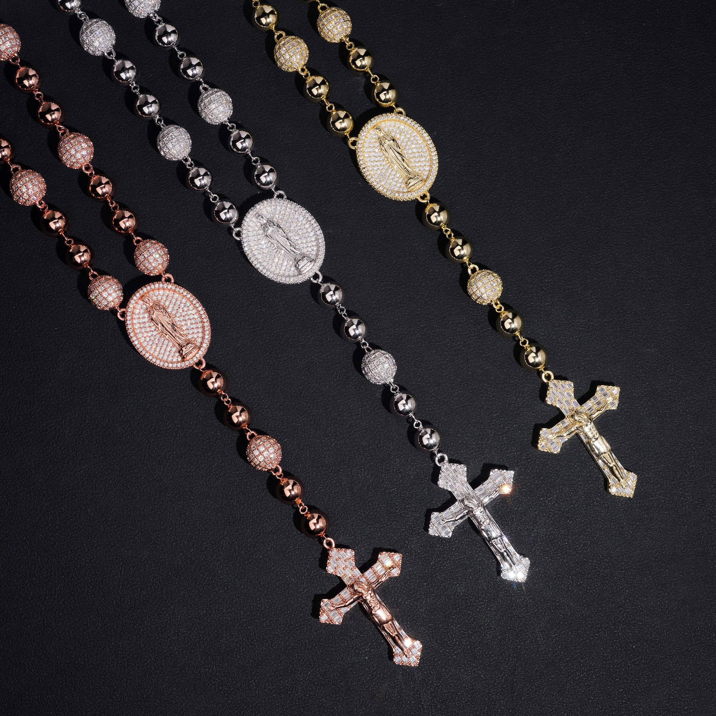 9MM Iced Out Moissanite Diamond Rosary Ball Necklce With Maria Jesus Charm