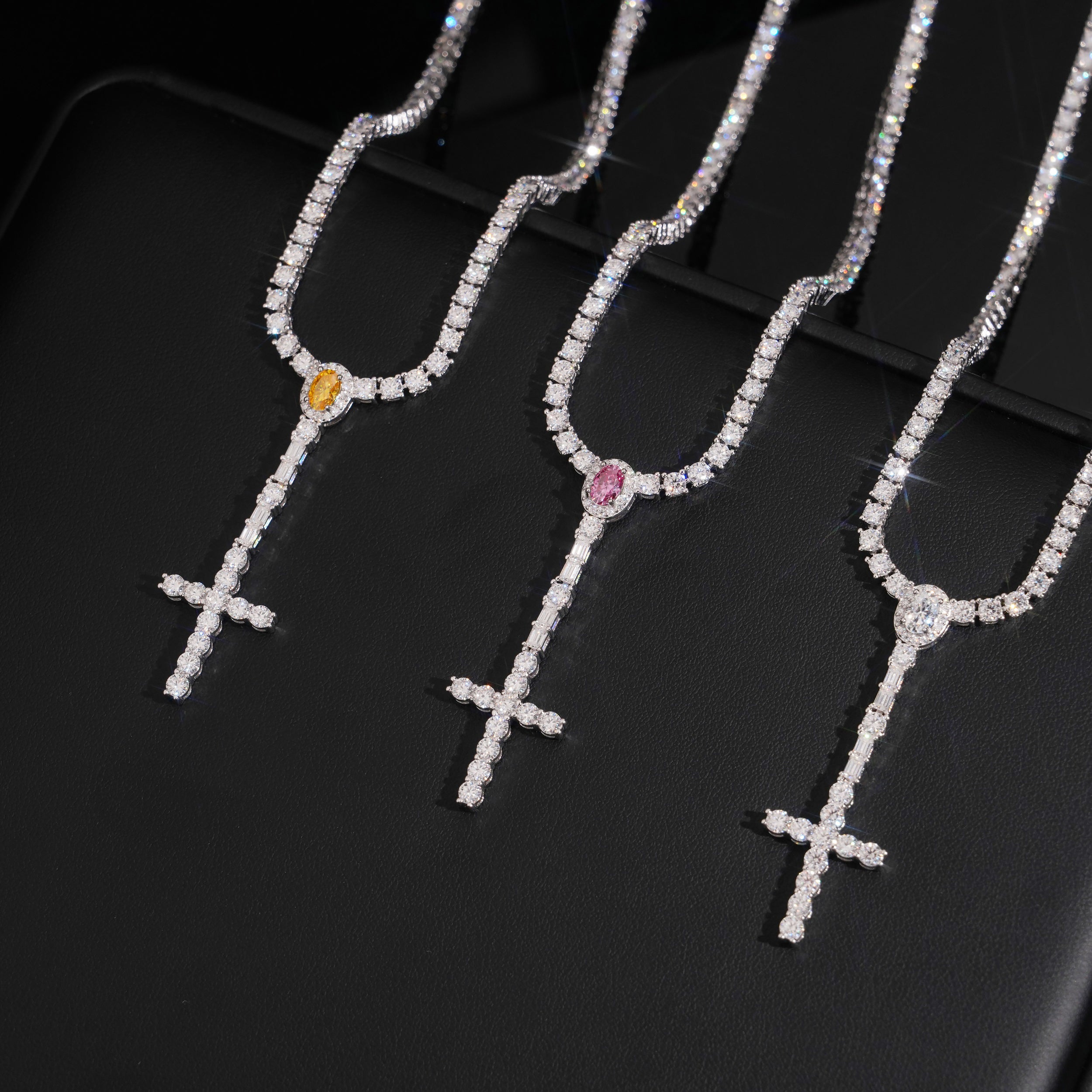 925 Silver Moissanite Diamodn 3MM Rosary Cross Tennis Chain Necklace